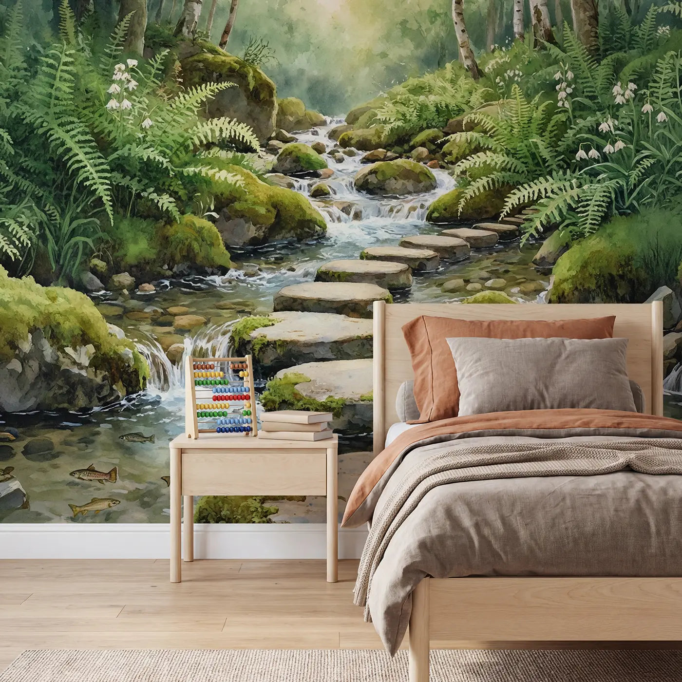 Watercolor mountain stream stepping stones wallpaper mural for kids room by Whimsy Tots