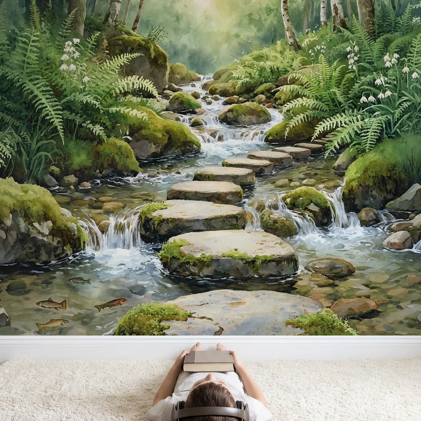 Child in nursery with Mountain Stream Stepping Stones Wallpaper Mural by Whimsy Tots