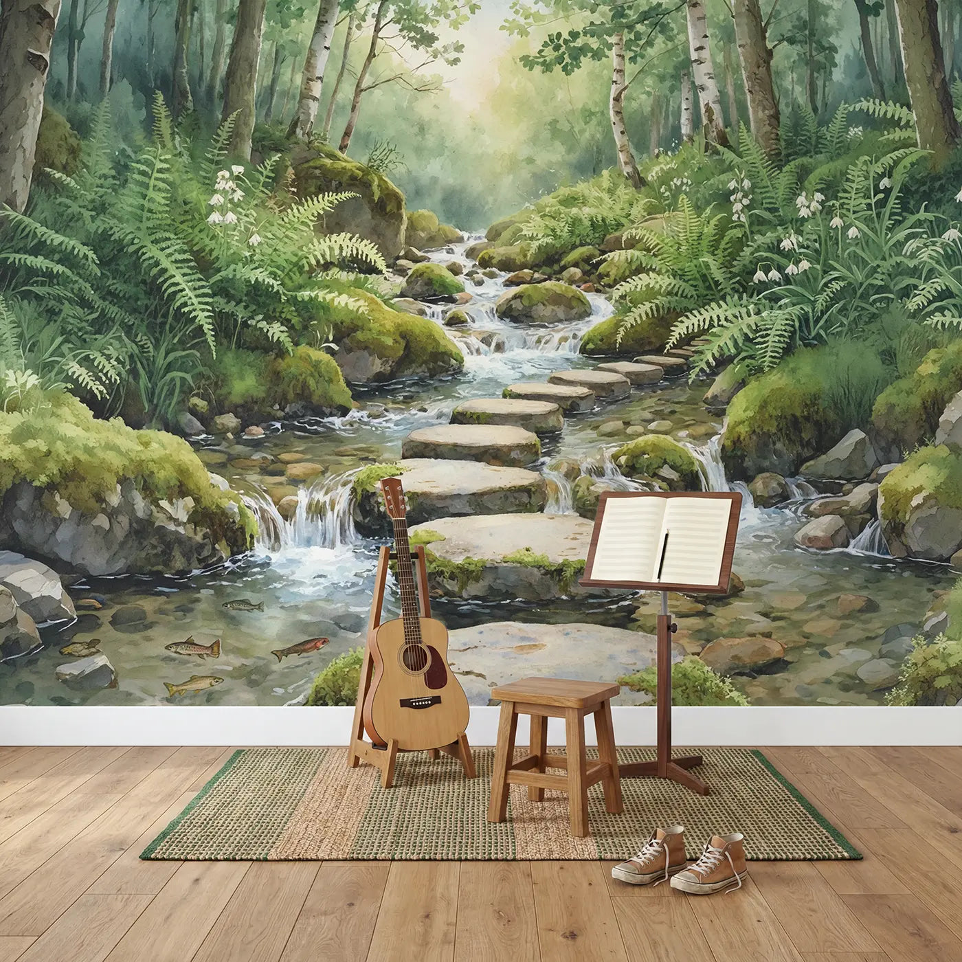 Mountain Stream Stepping Stones Wallpaper Mural in playroom setting by Whimsy Tots