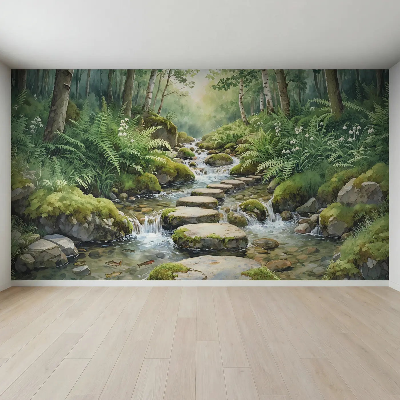 Full view of Mountain Stream Stepping Stones Wallpaper Mural by Whimsy Tots