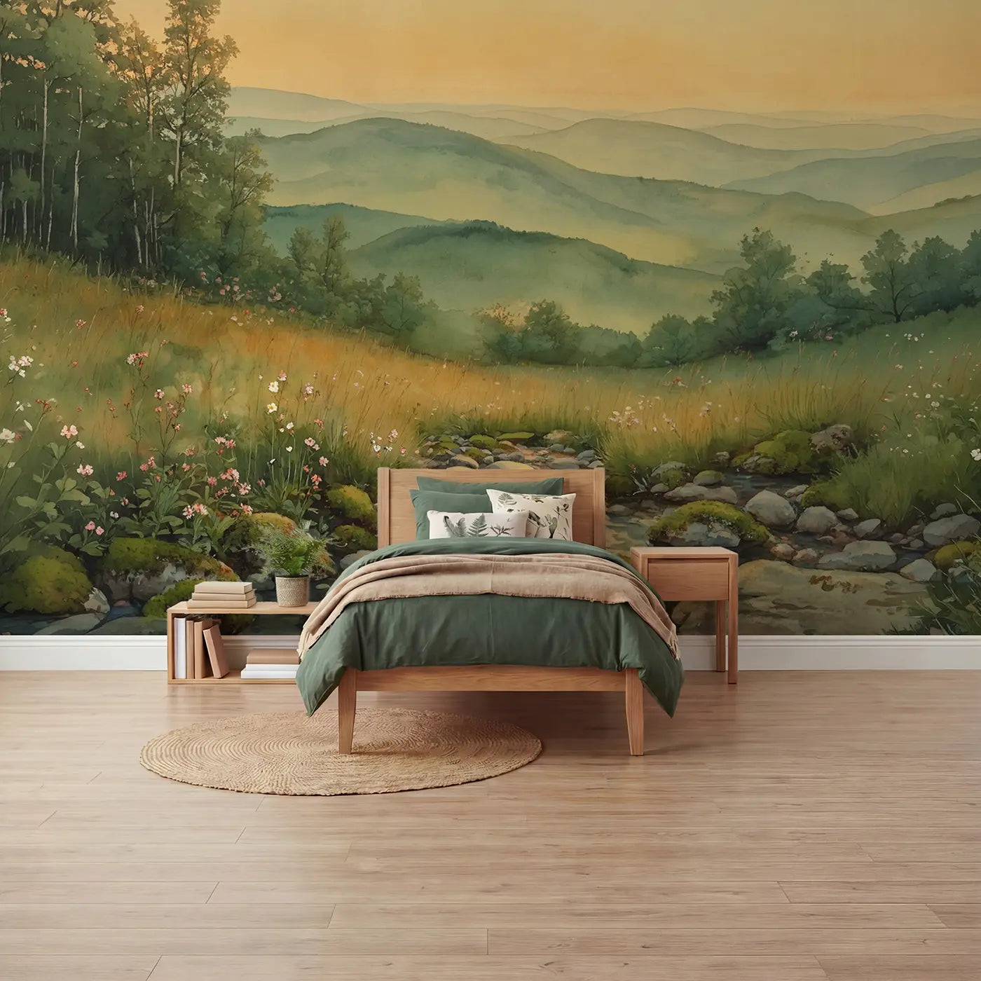 Watercolor rolling green hills countryside wallpaper mural for boys room by Whimsy Tots