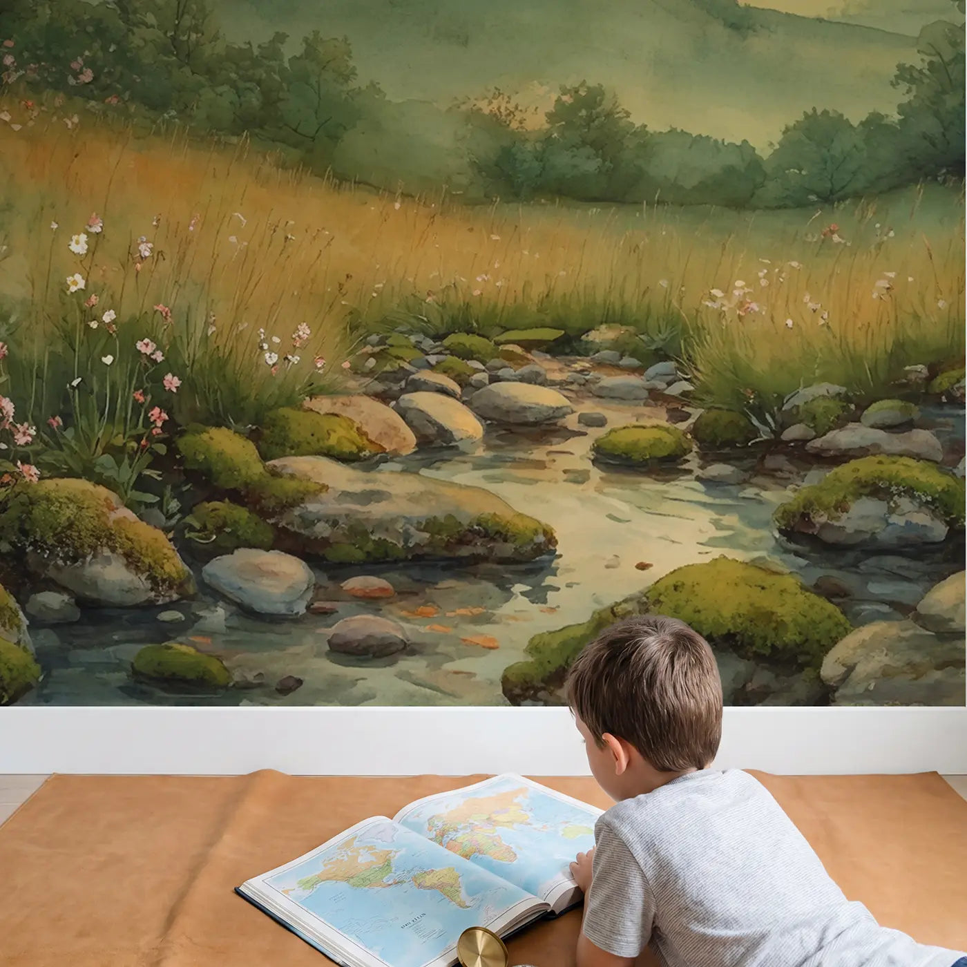 Child in nursery with Rolling Hills Layered Green Wallpaper Mural by Whimsy Tots