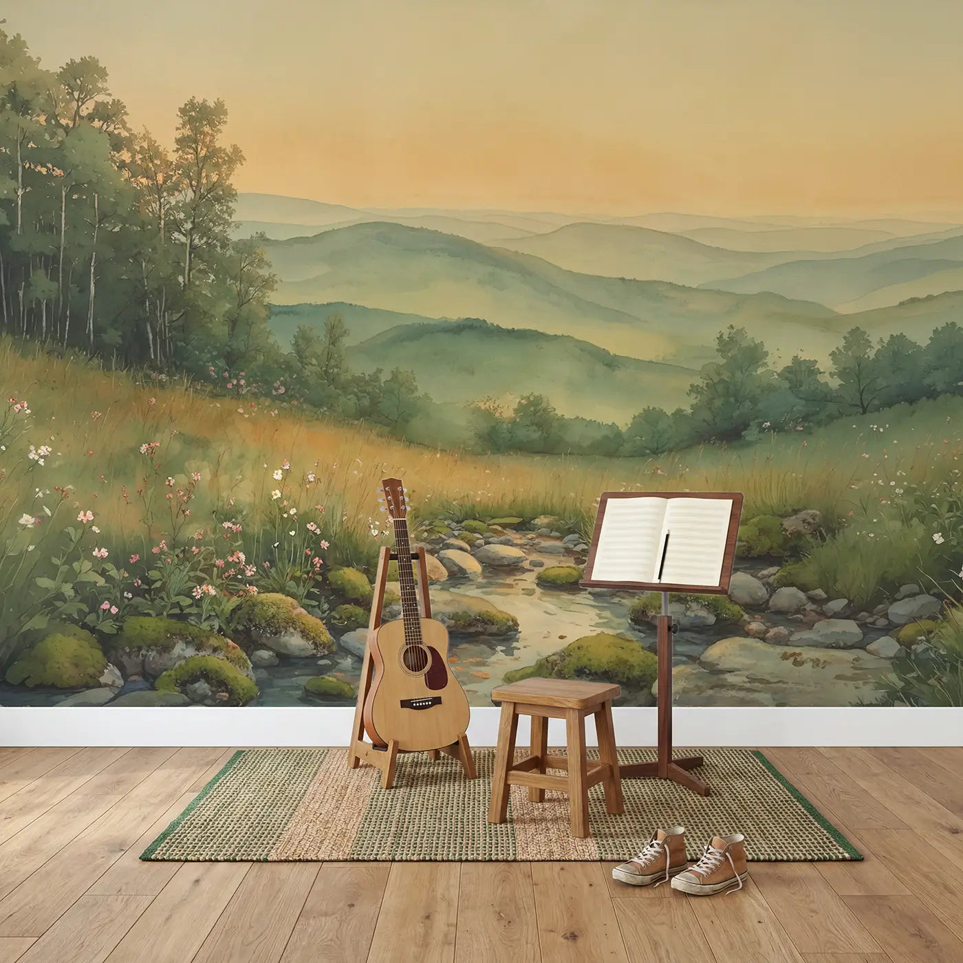 Rolling Hills Layered Green Wallpaper Mural in playroom setting by Whimsy Tots