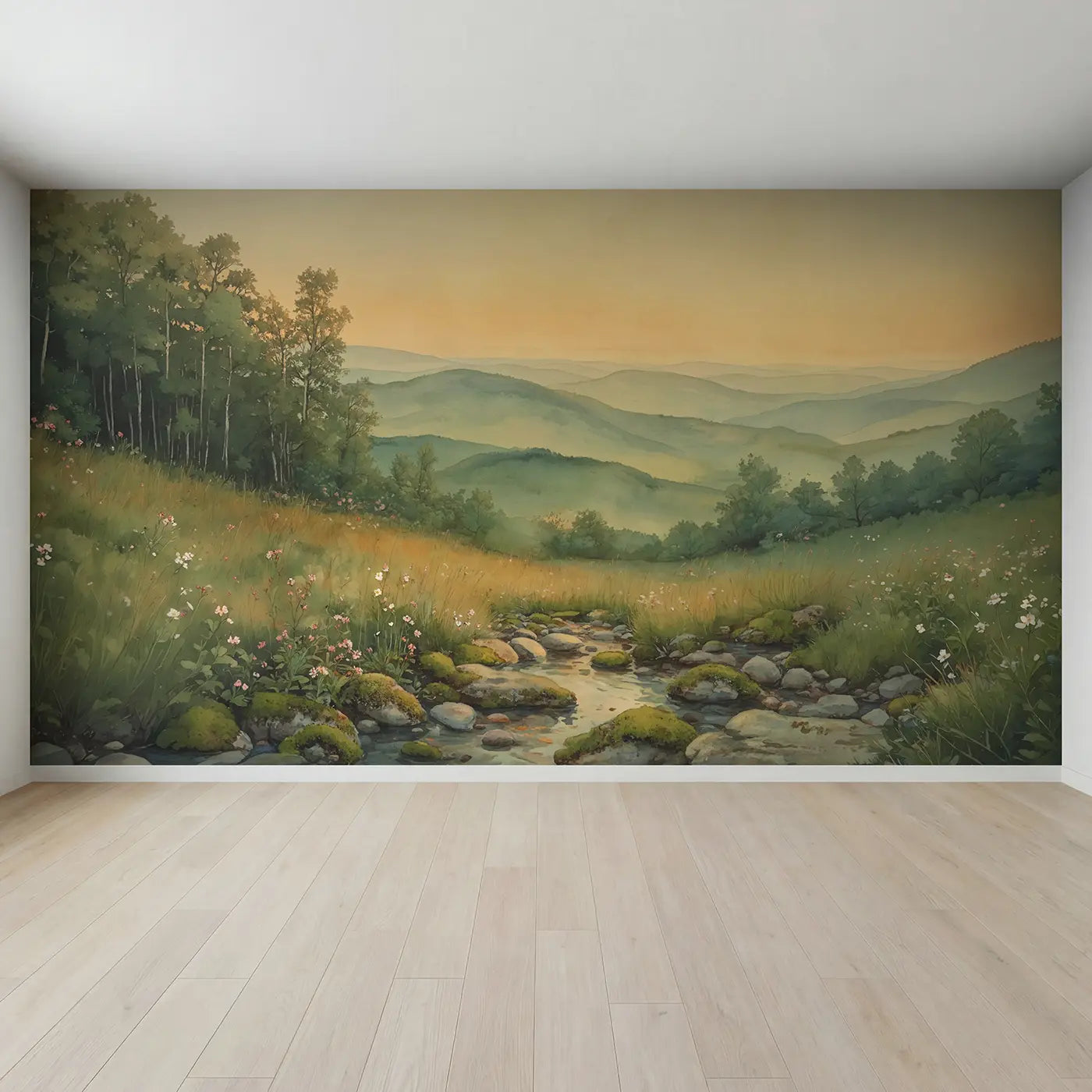 Full view of Rolling Hills Layered Green Wallpaper Mural by Whimsy Tots