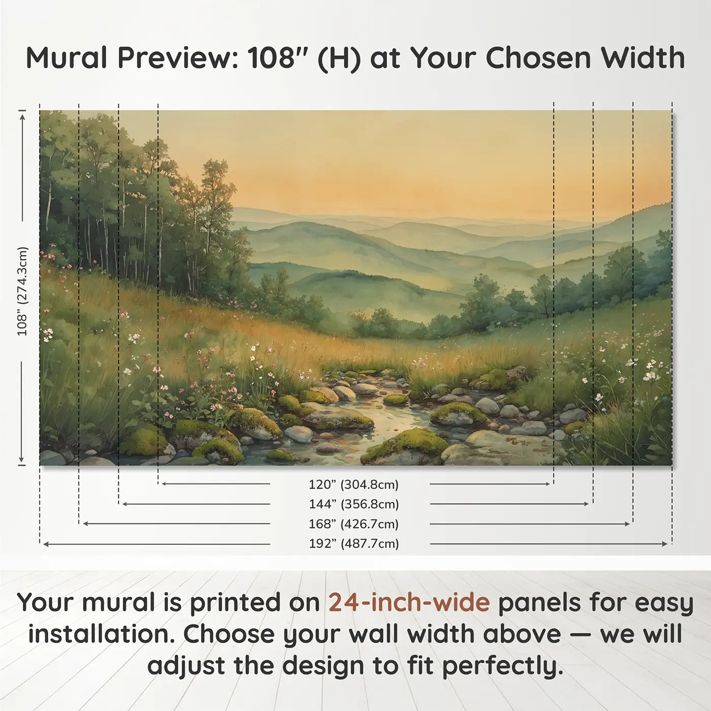 Panel layout and dimensions for Rolling Hills Layered Green Wallpaper Mural by Whimsy Tots
