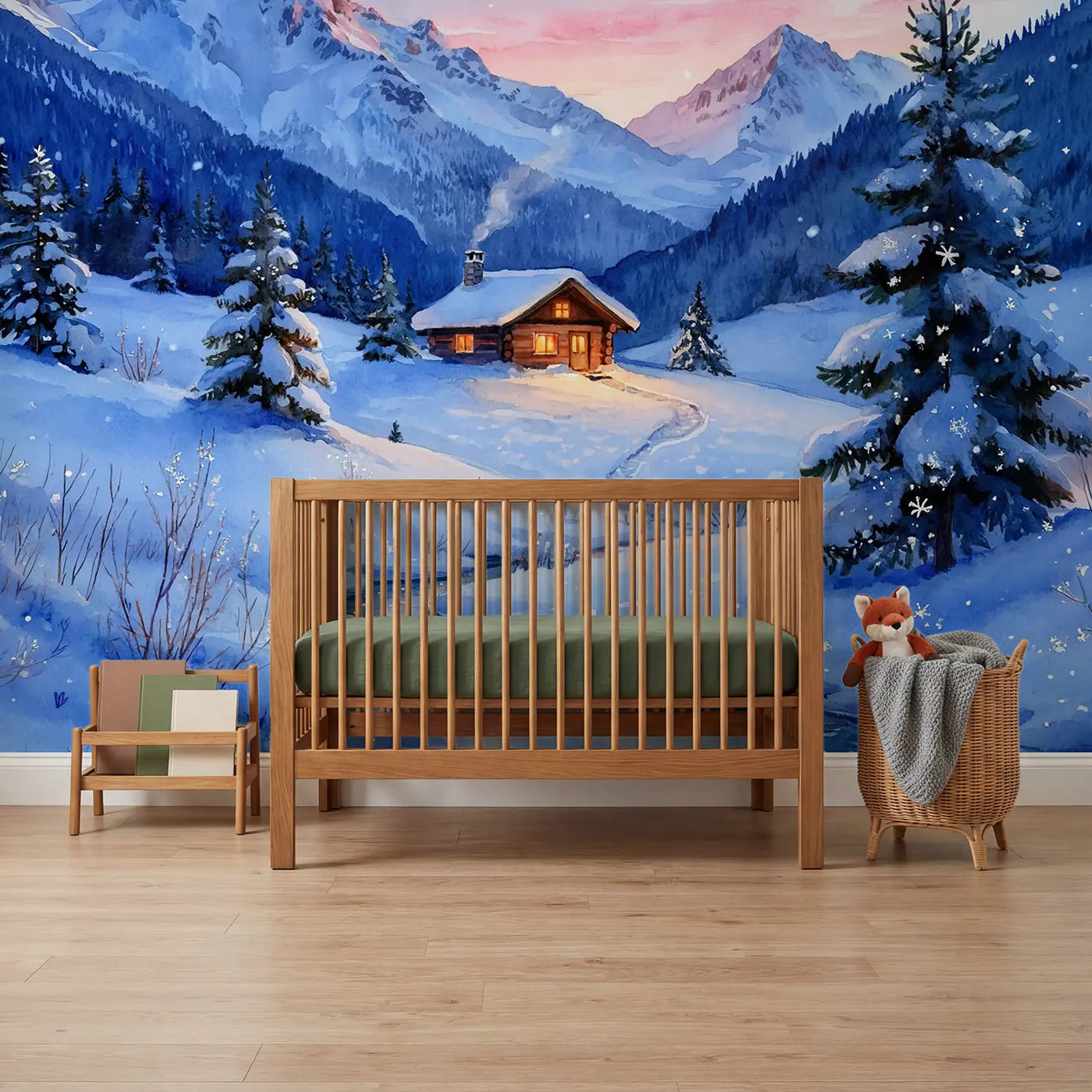 watercolor mountain cabin winter glow wallpaper mural for boys room by Whimsy Tots