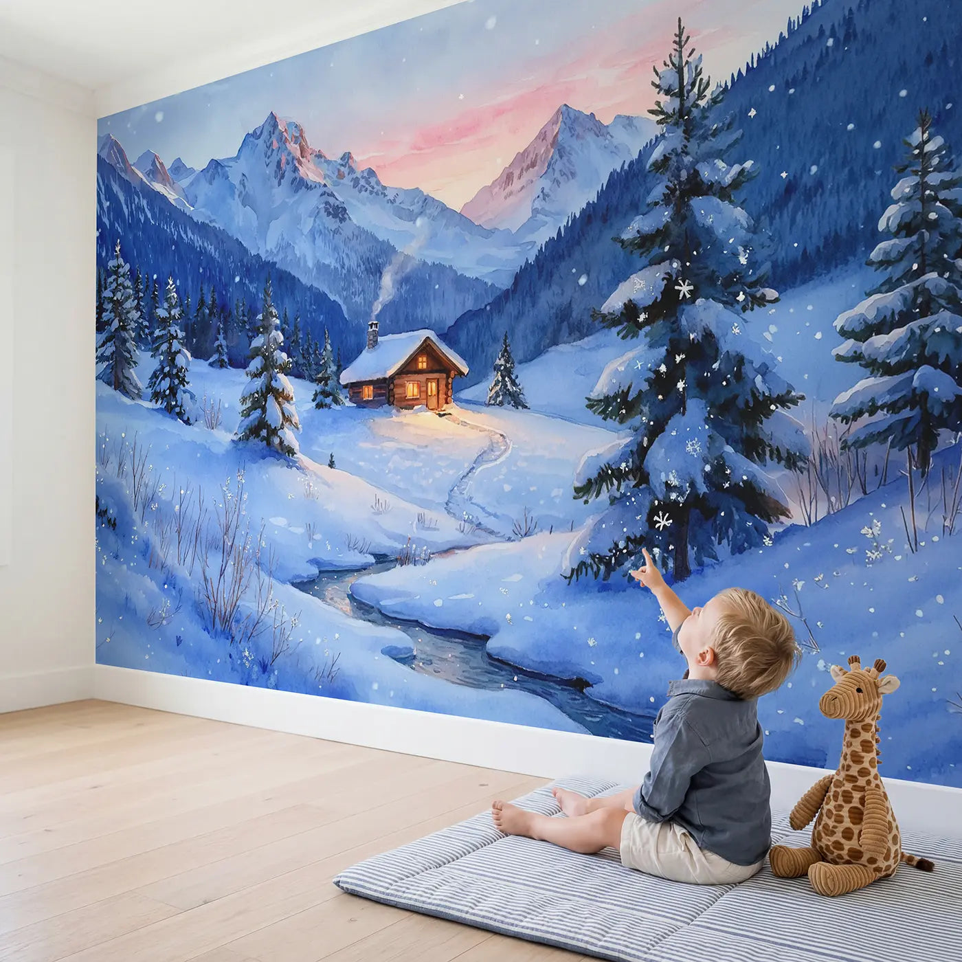 Child in nursery with Mountain Cabin Winter Glow Wallpaper Mural by Whimsy Tots