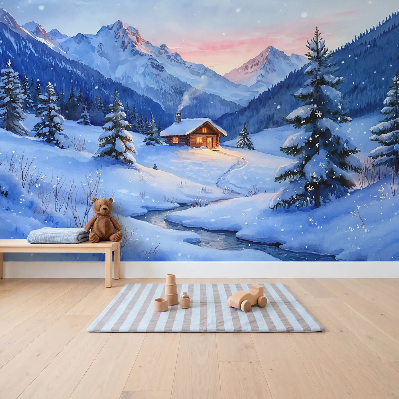 Mountain Cabin Winter Glow Wallpaper Mural in playroom setting by Whimsy Tots