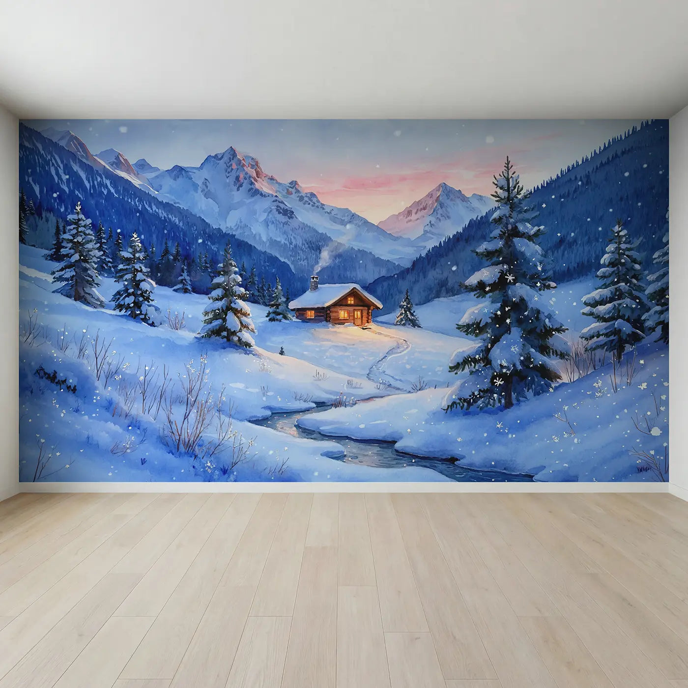 Full view of Mountain Cabin Winter Glow Wallpaper Mural by Whimsy Tots