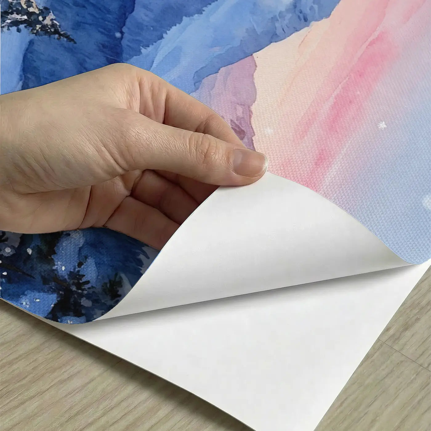Peel-and-stick detail of Mountain Cabin Winter Glow Wallpaper Mural by Whimsy Tots