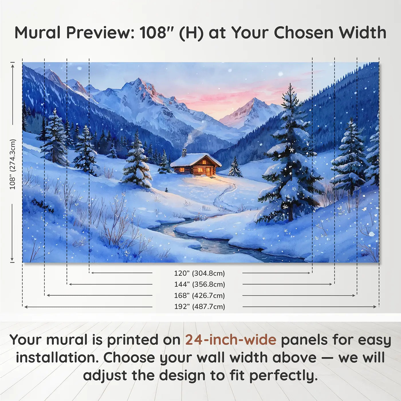 Panel layout and dimensions for Mountain Cabin Winter Glow Wallpaper Mural by Whimsy Tots