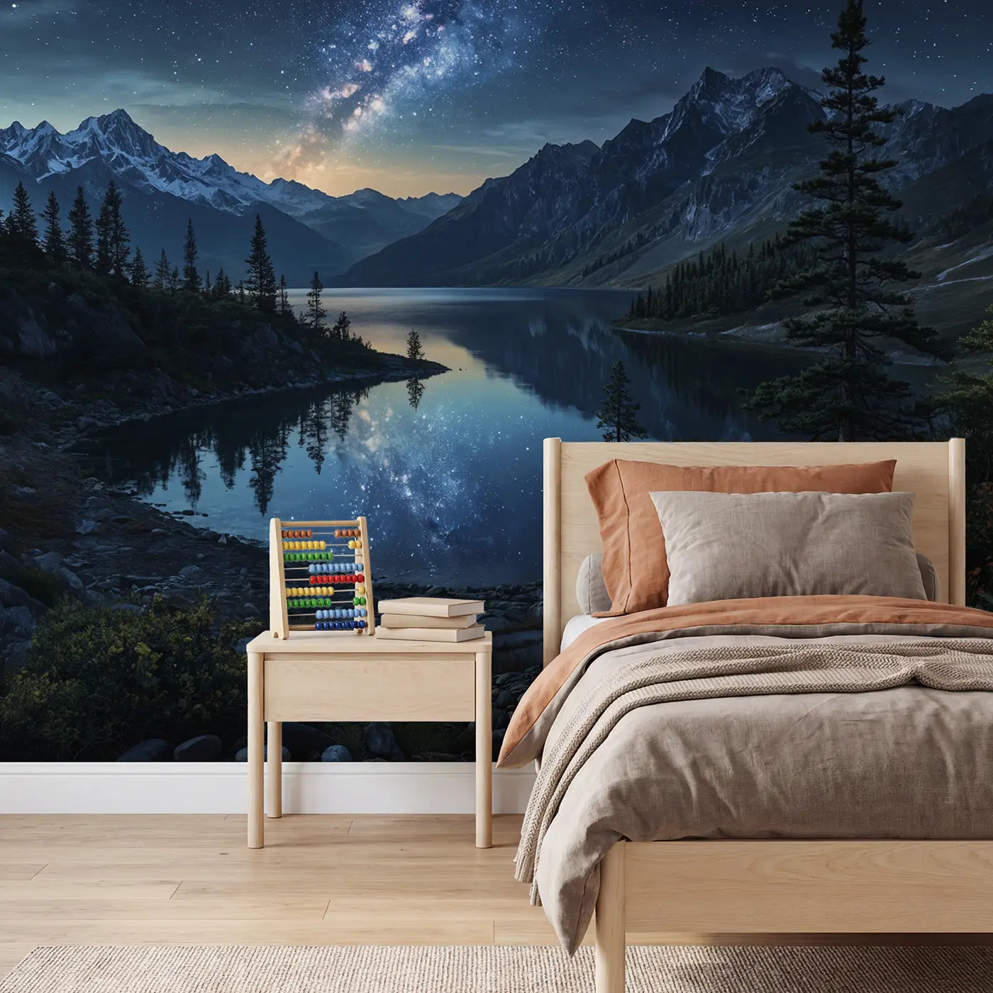 Botanical elegance Milky Way mountain lake wallpaper mural for kids room by Whimsy Tots