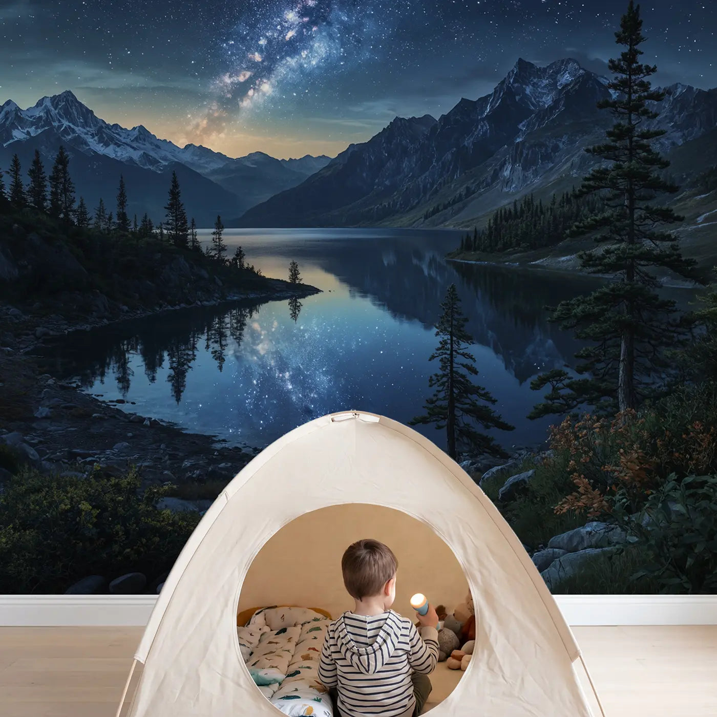 Child in nursery with Milky Way Mountain Night Wallpaper Mural by Whimsy Tots