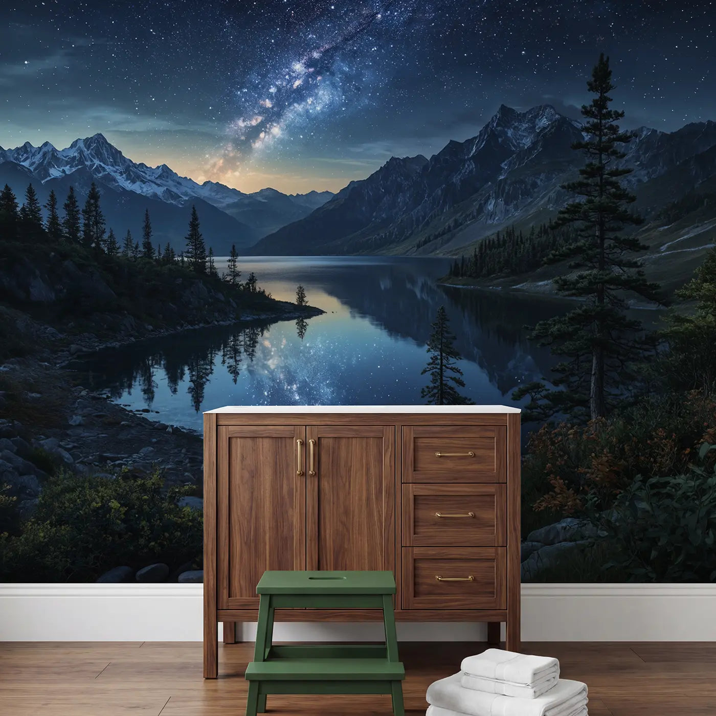 Milky Way Mountain Night Wallpaper Mural in playroom setting by Whimsy Tots