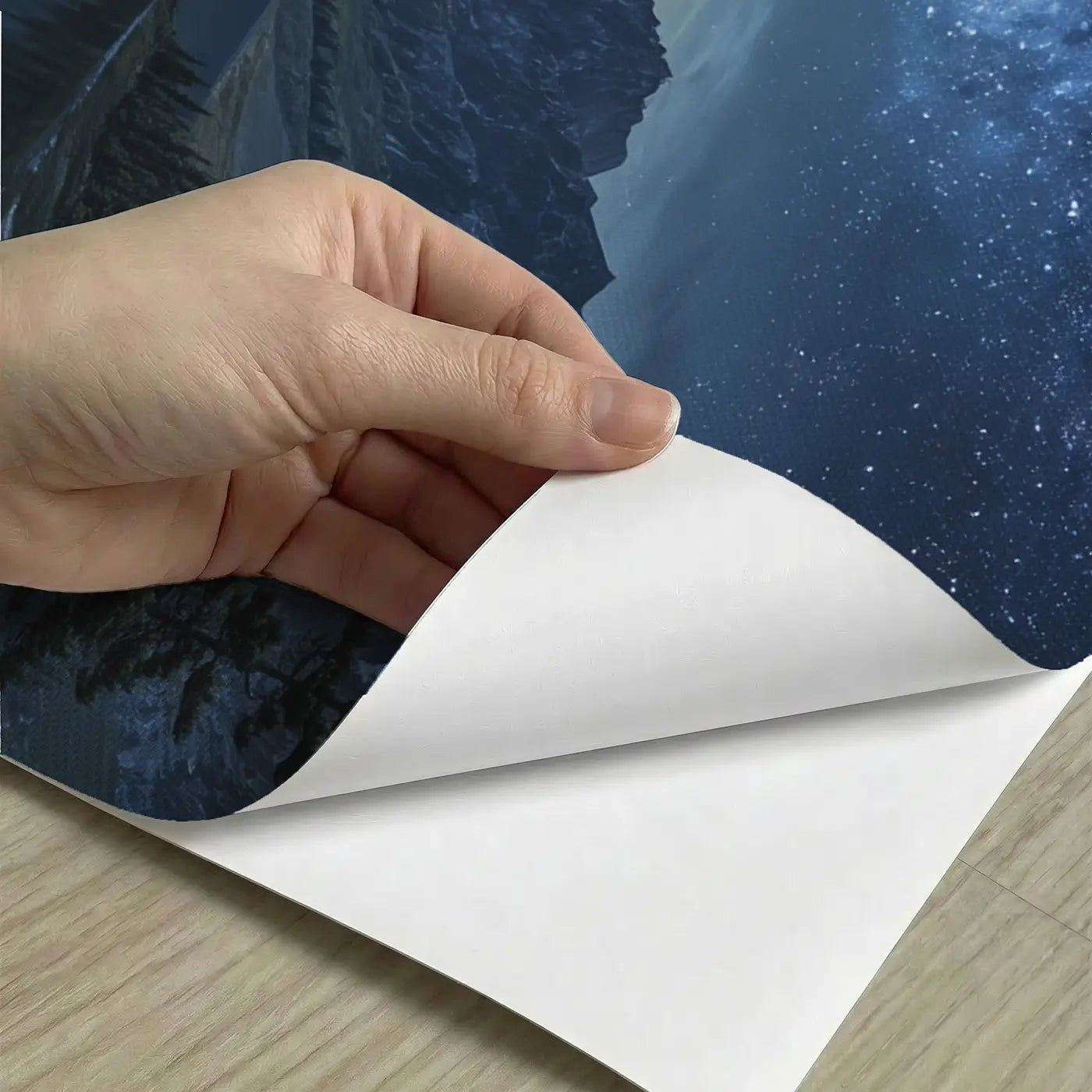 Peel-and-stick detail of Milky Way Mountain Night Wallpaper Mural by Whimsy Tots