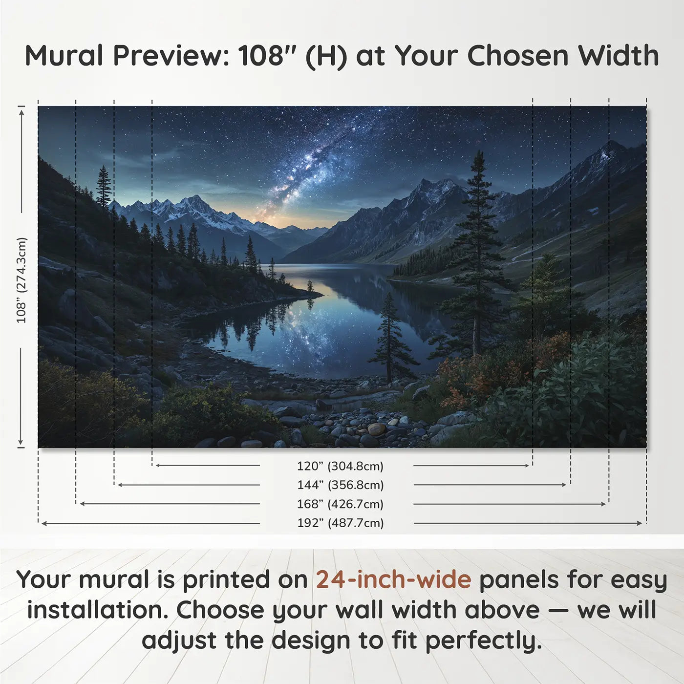 Panel layout and dimensions for Milky Way Mountain Night Wallpaper Mural by Whimsy Tots