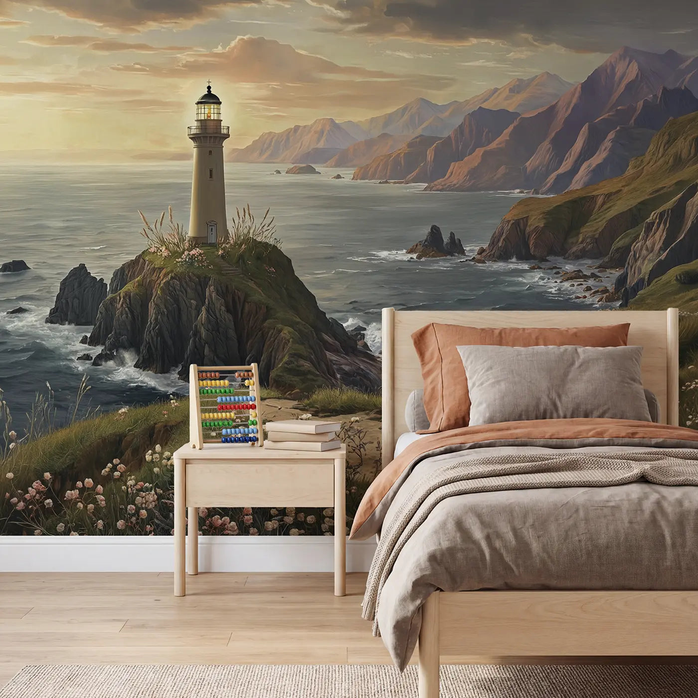 Botanical Elegance cliff lighthouse mountain coast wallpaper mural for kids room by Whimsy Tots