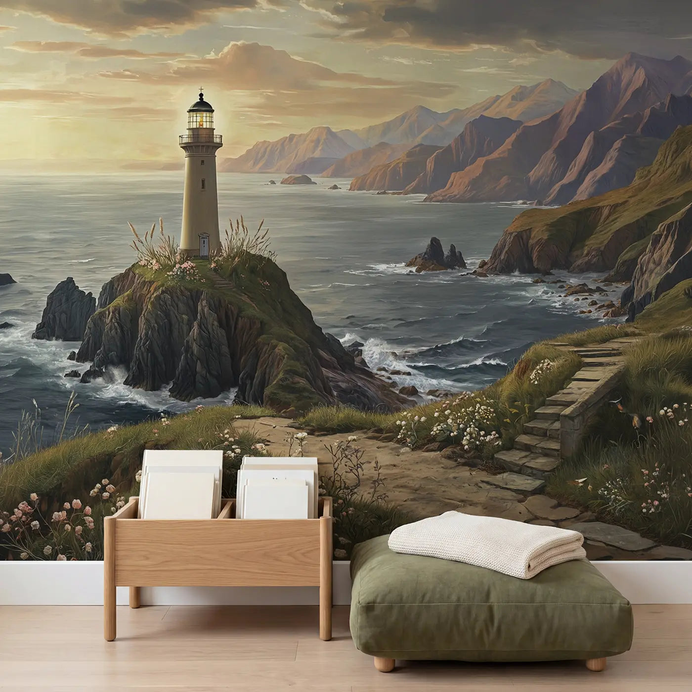 Cliff Lighthouse Mountain Coast Wallpaper Mural in playroom setting by Whimsy Tots