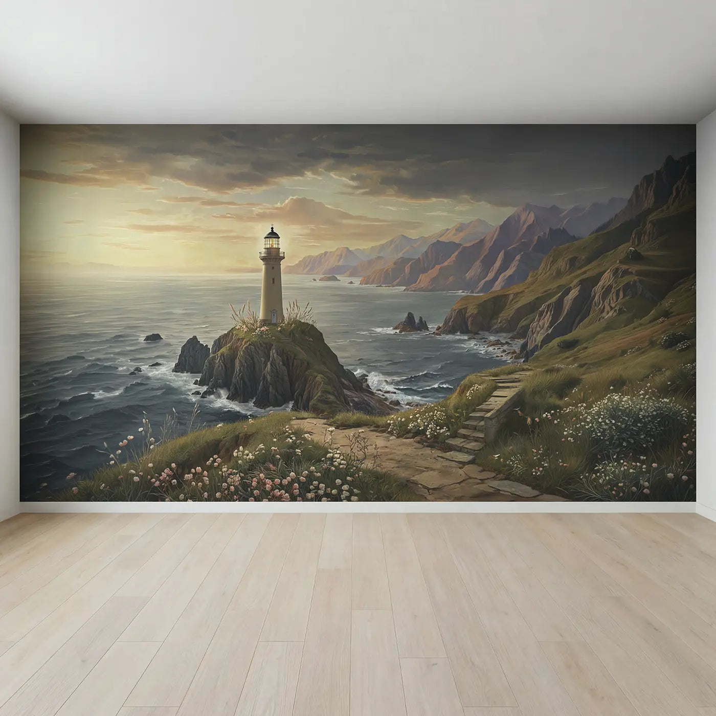 Full view of Cliff Lighthouse Mountain Coast Wallpaper Mural by Whimsy Tots