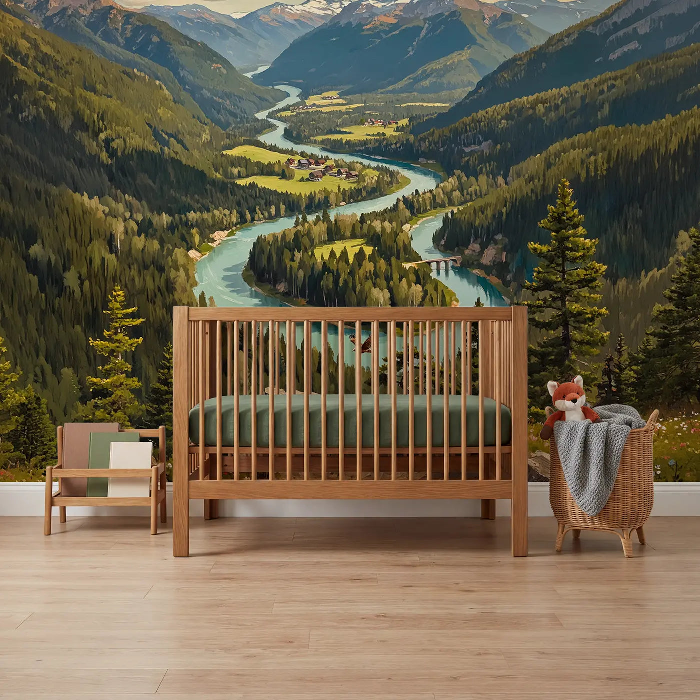 Painted landscape mountain river bend valley wallpaper mural for nursery by Whimsy Tots