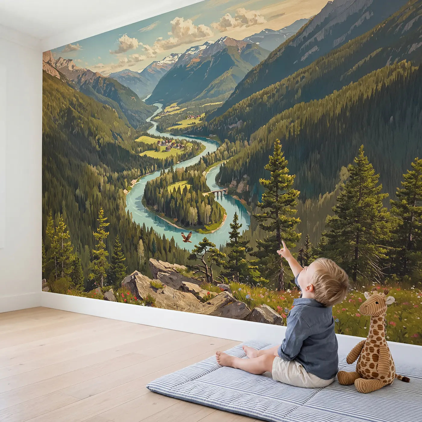 Child in nursery with Mountain River Bend Overlook Wallpaper Mural by Whimsy Tots