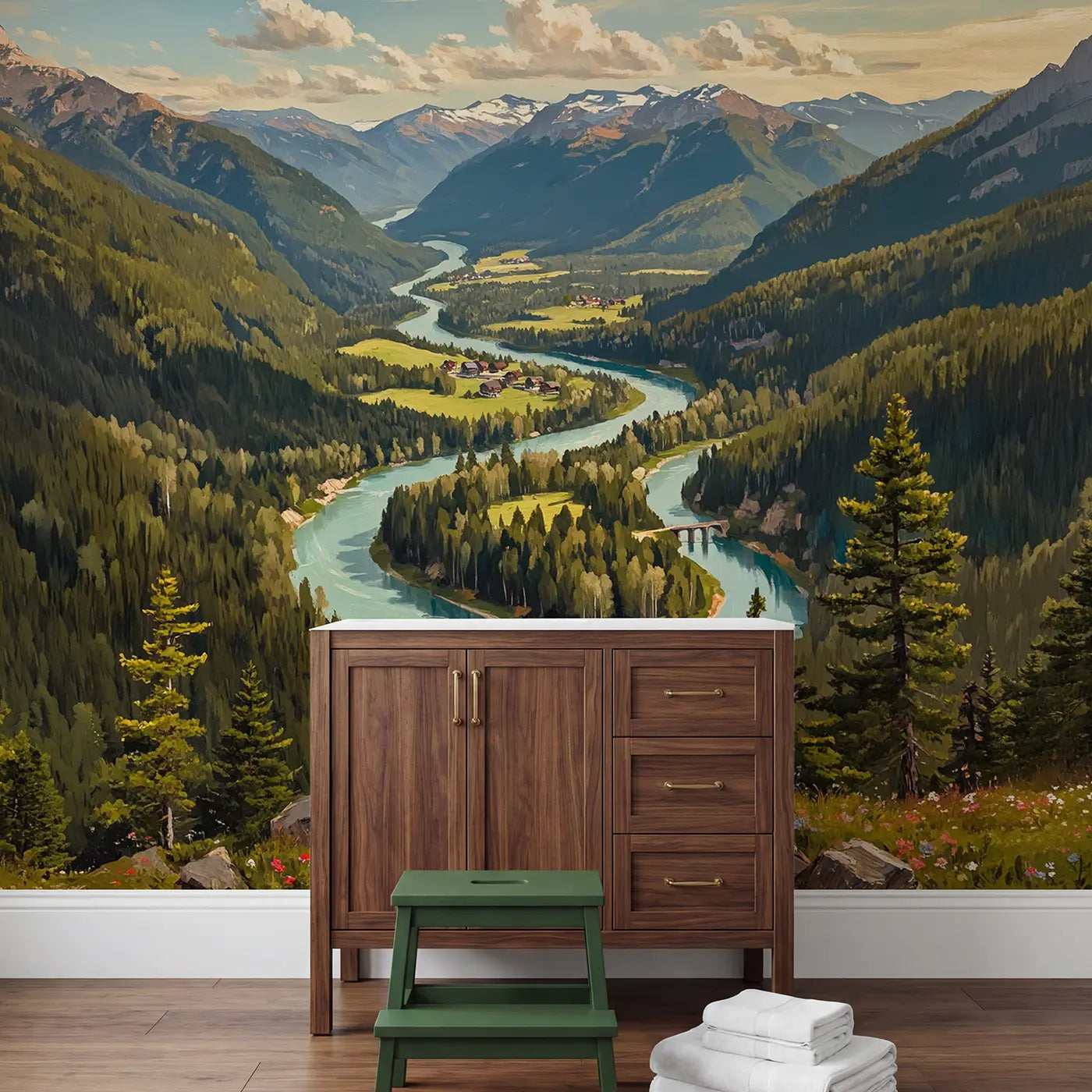 Mountain River Bend Overlook Wallpaper Mural in playroom setting by Whimsy Tots