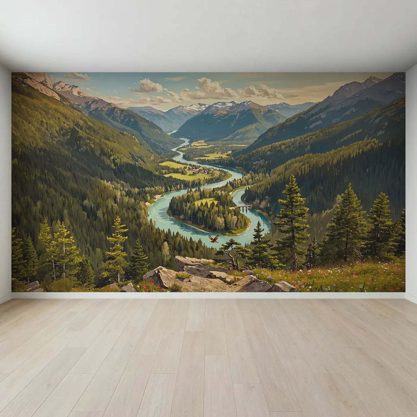 Full view of Mountain River Bend Overlook Wallpaper Mural by Whimsy Tots
