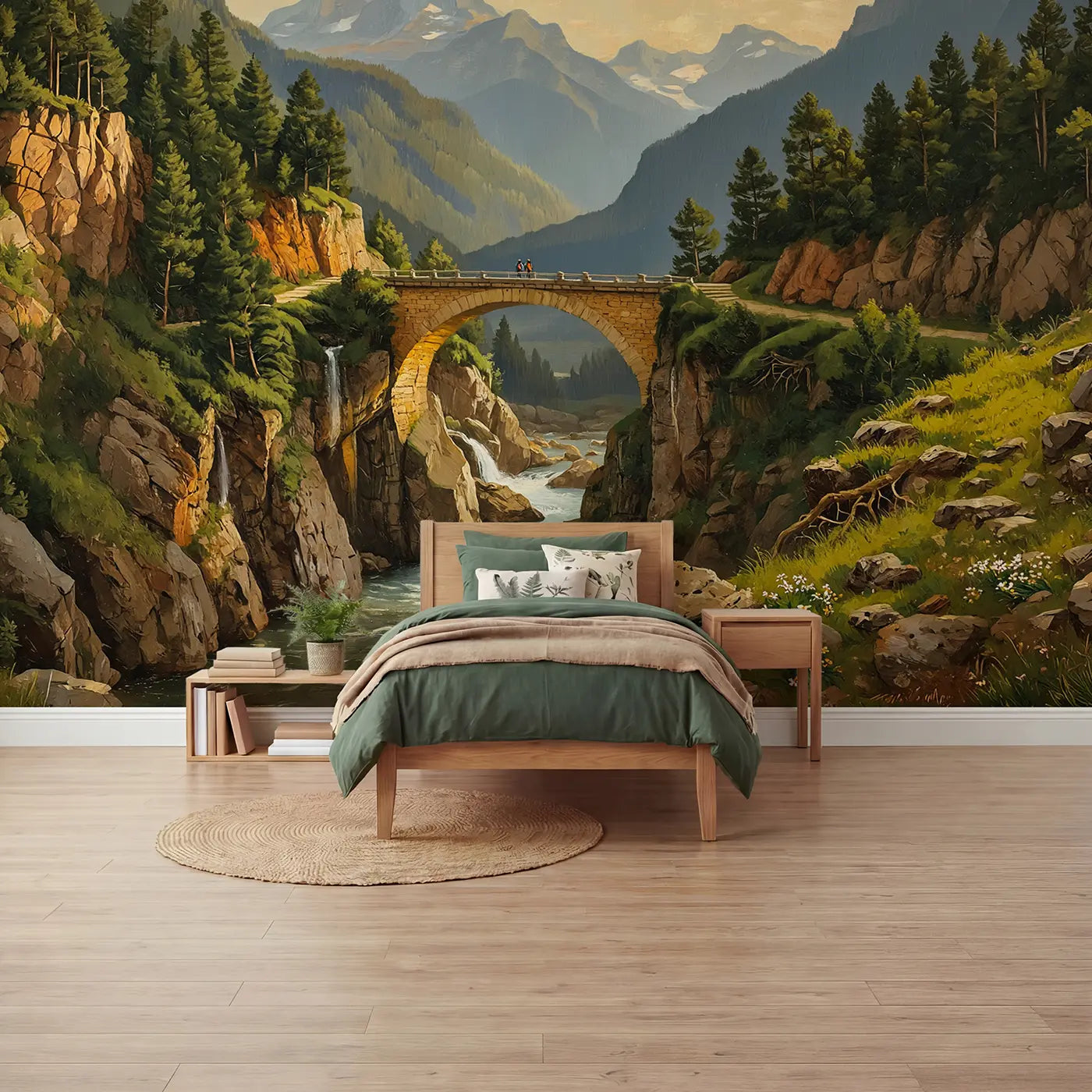 Painted Landscape mountain gorge stone bridge wallpaper mural for boys room by Whimsy Tots
