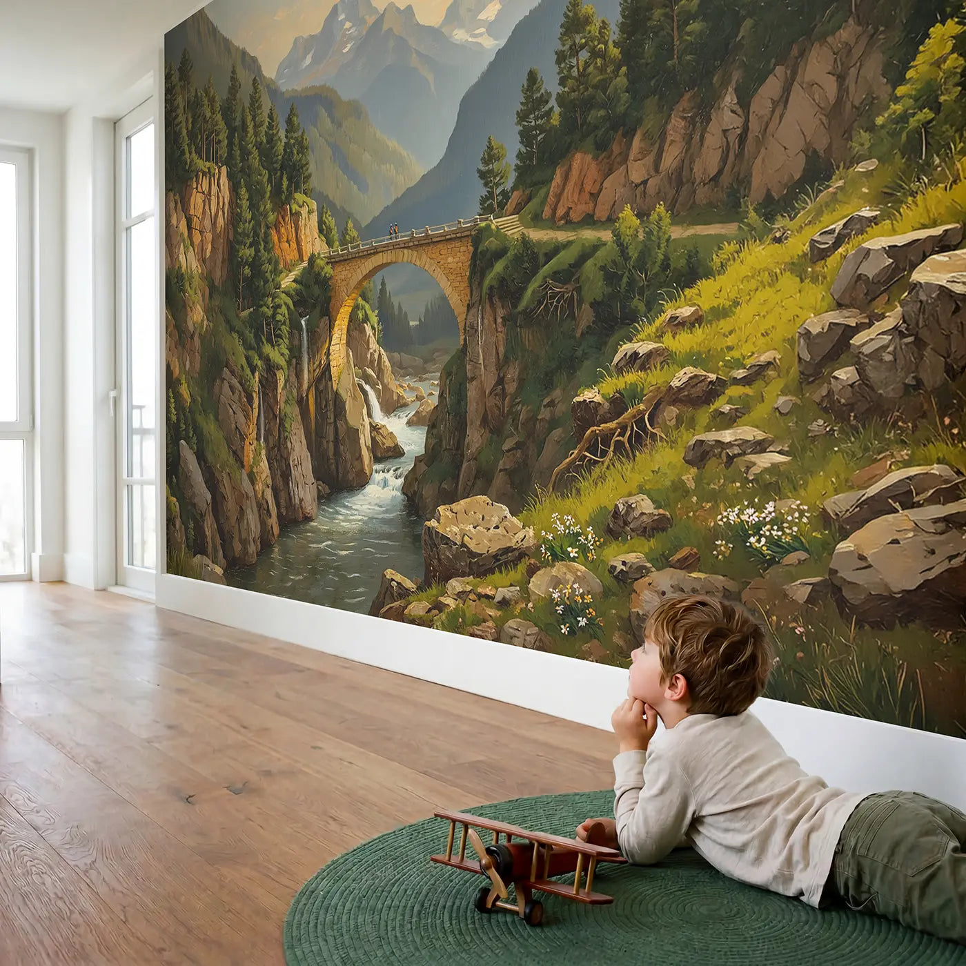 Child in nursery with Mountain Gorge Stone Bridge Wallpaper Mural by Whimsy Tots