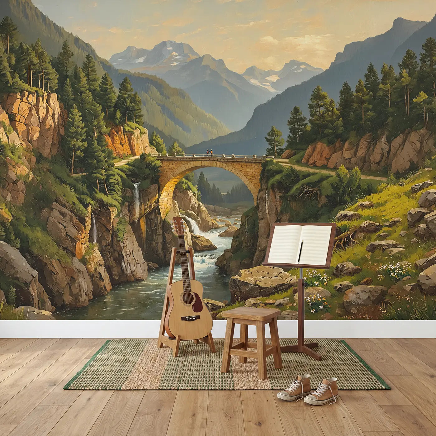 Mountain Gorge Stone Bridge Wallpaper Mural in playroom setting by Whimsy Tots