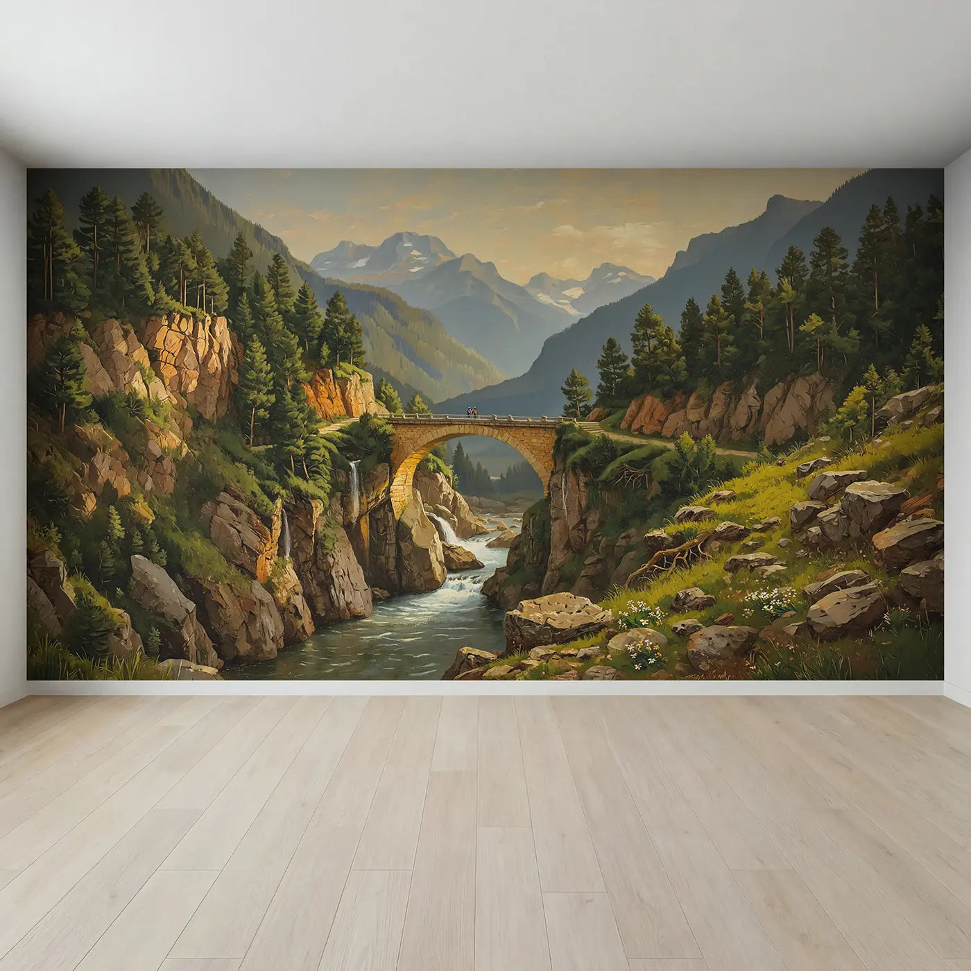 Full view of Mountain Gorge Stone Bridge Wallpaper Mural by Whimsy Tots