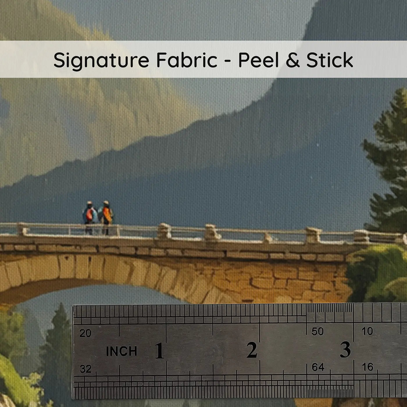 Fabric texture close-up of Mountain Gorge Stone Bridge Wallpaper Mural by Whimsy Tots