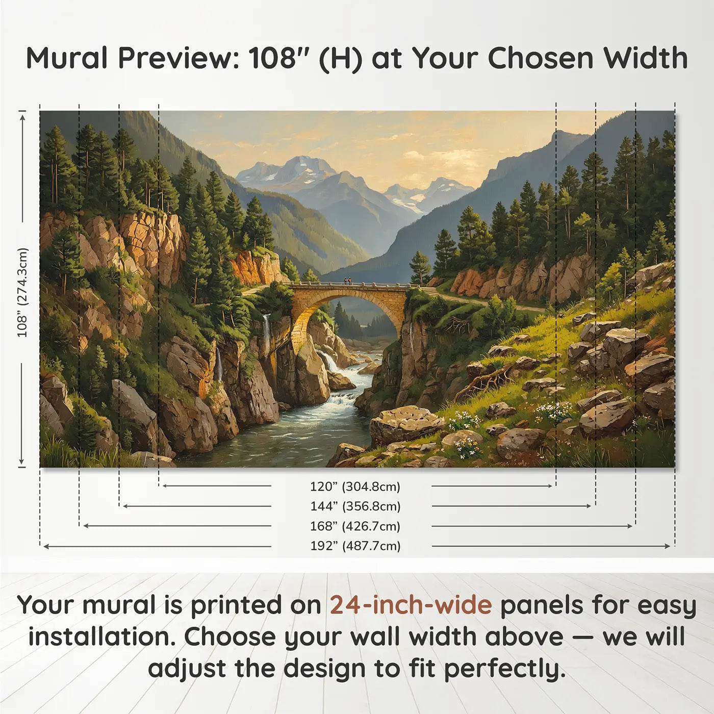 Panel layout and dimensions for Mountain Gorge Stone Bridge Wallpaper Mural by Whimsy Tots