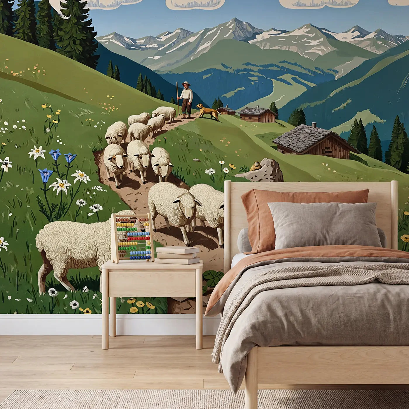 Modern illustration alpine shepherd flock mountain wallpaper mural for kids room by Whimsy Tots