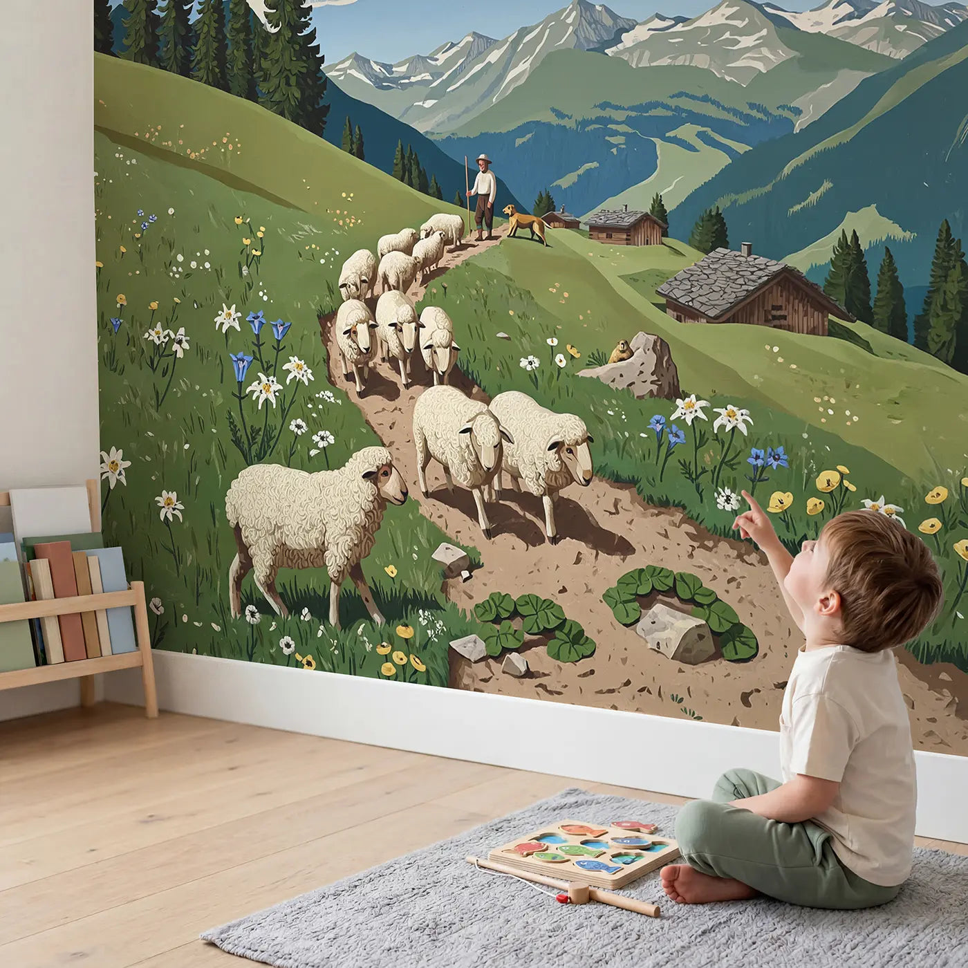 Child in nursery with Alpine Shepherd Flock Mountain Wallpaper Mural by Whimsy Tots