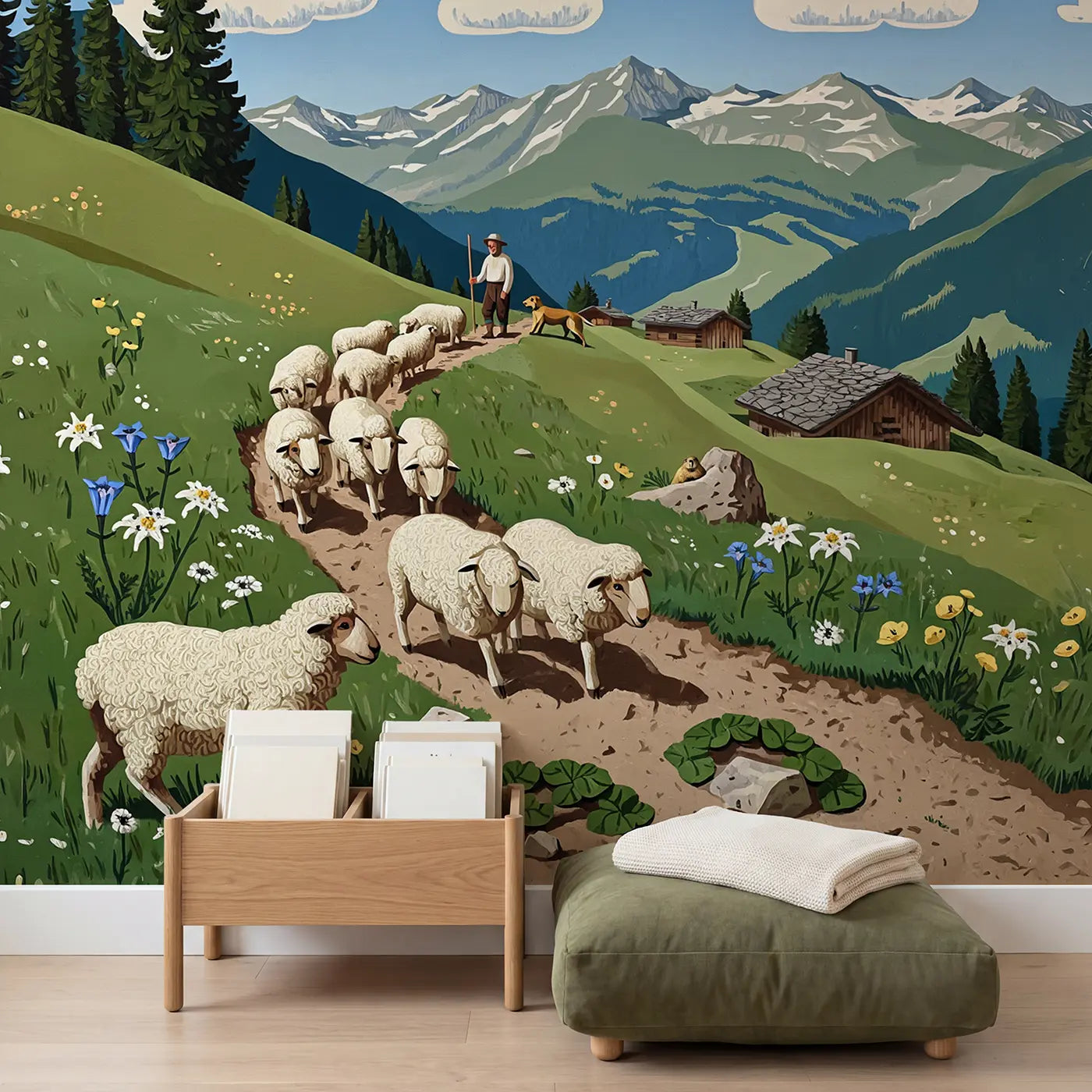Alpine Shepherd Flock Mountain Wallpaper Mural in playroom setting by Whimsy Tots