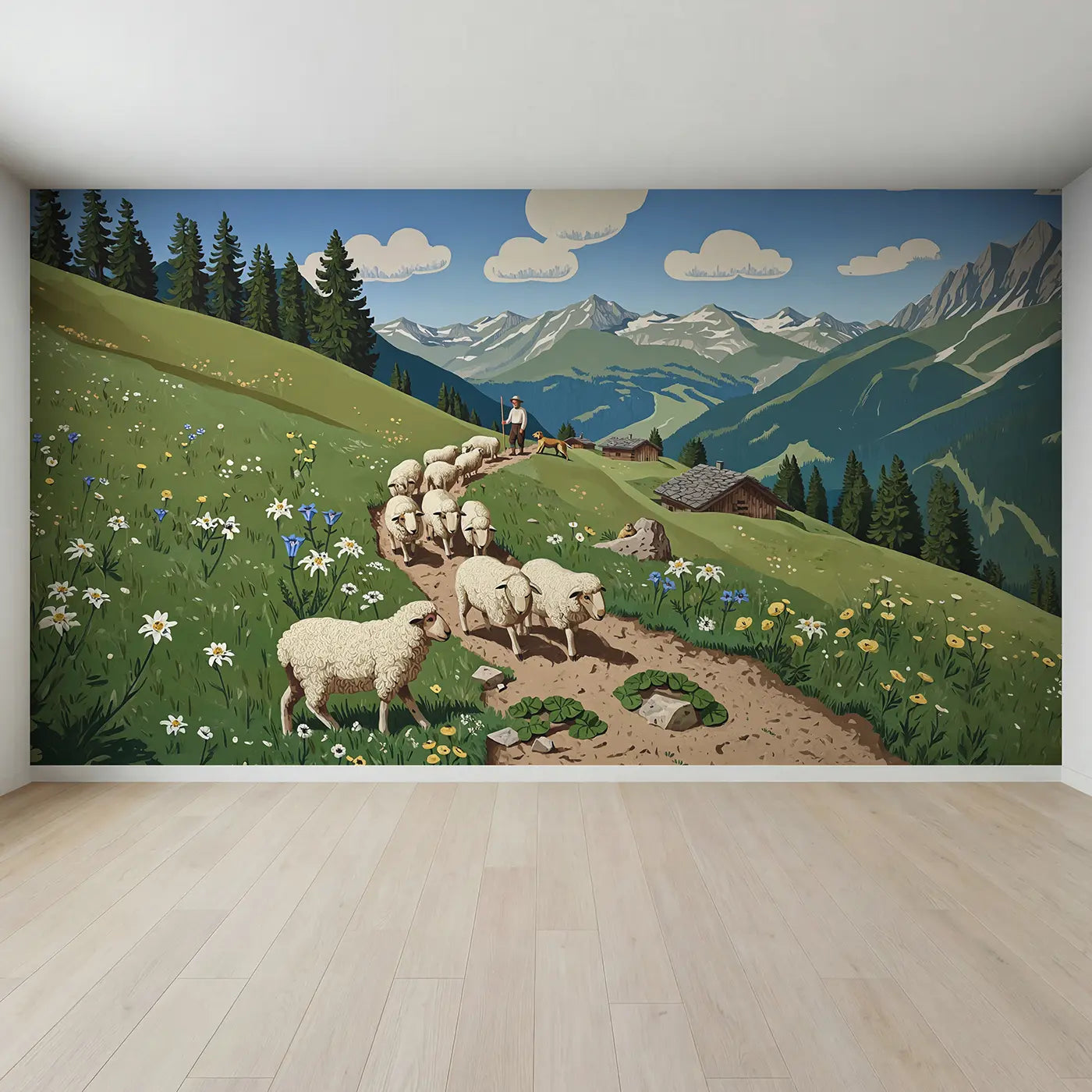 Full view of Alpine Shepherd Flock Mountain Wallpaper Mural by Whimsy Tots