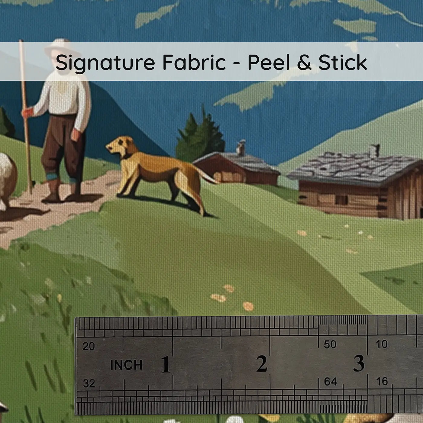 Fabric texture close-up of Alpine Shepherd Flock Mountain Wallpaper Mural by Whimsy Tots