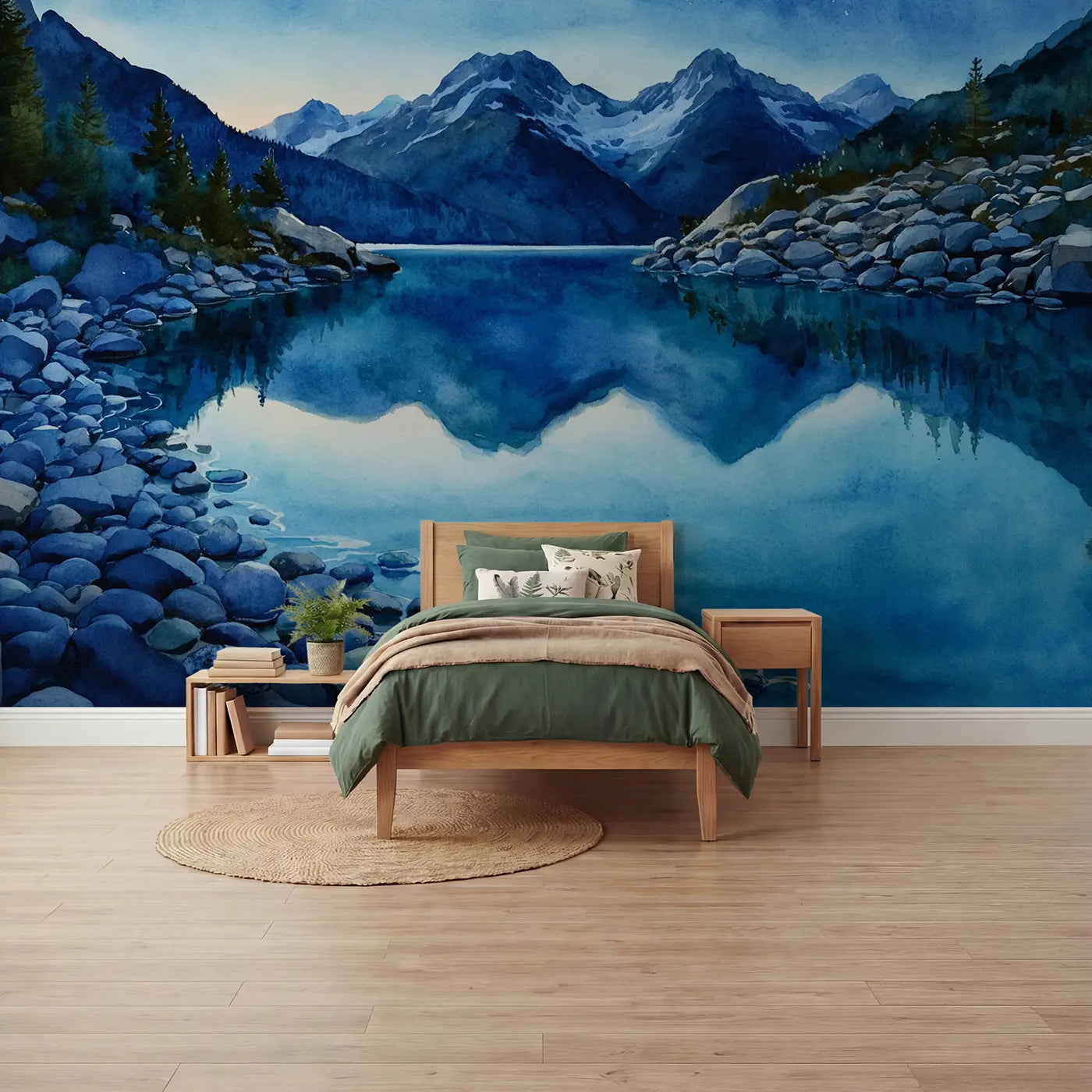 Watercolor glacial mountain lake wallpaper mural for boys room by Whimsy Tots