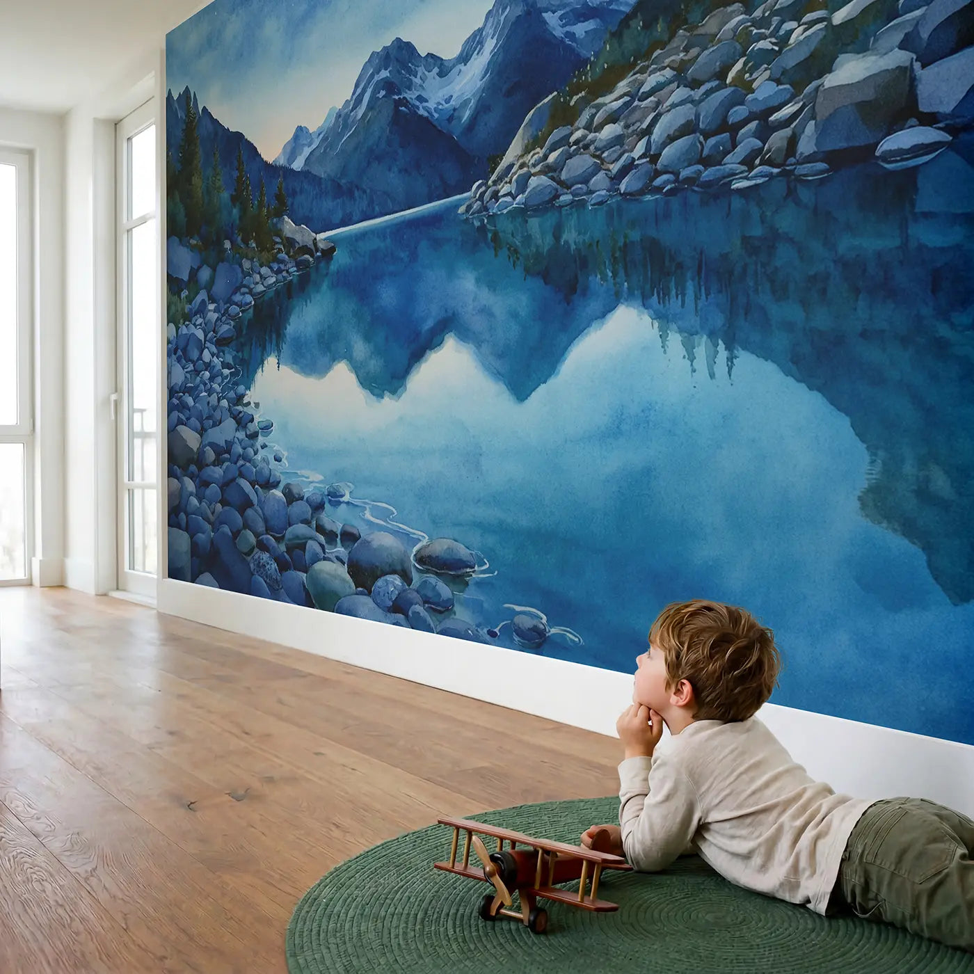 Child in nursery with Glacial Shore Mountain Wallpaper Mural by Whimsy Tots