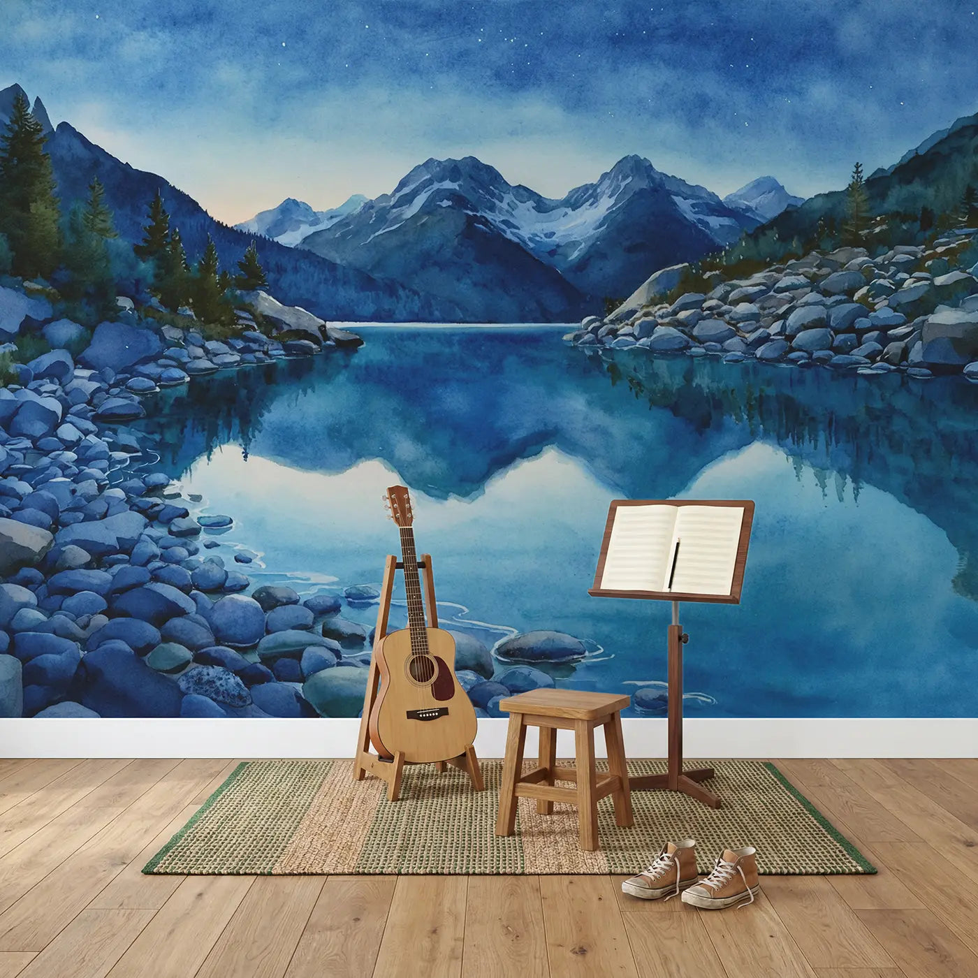 Glacial Shore Mountain Wallpaper Mural in playroom setting by Whimsy Tots