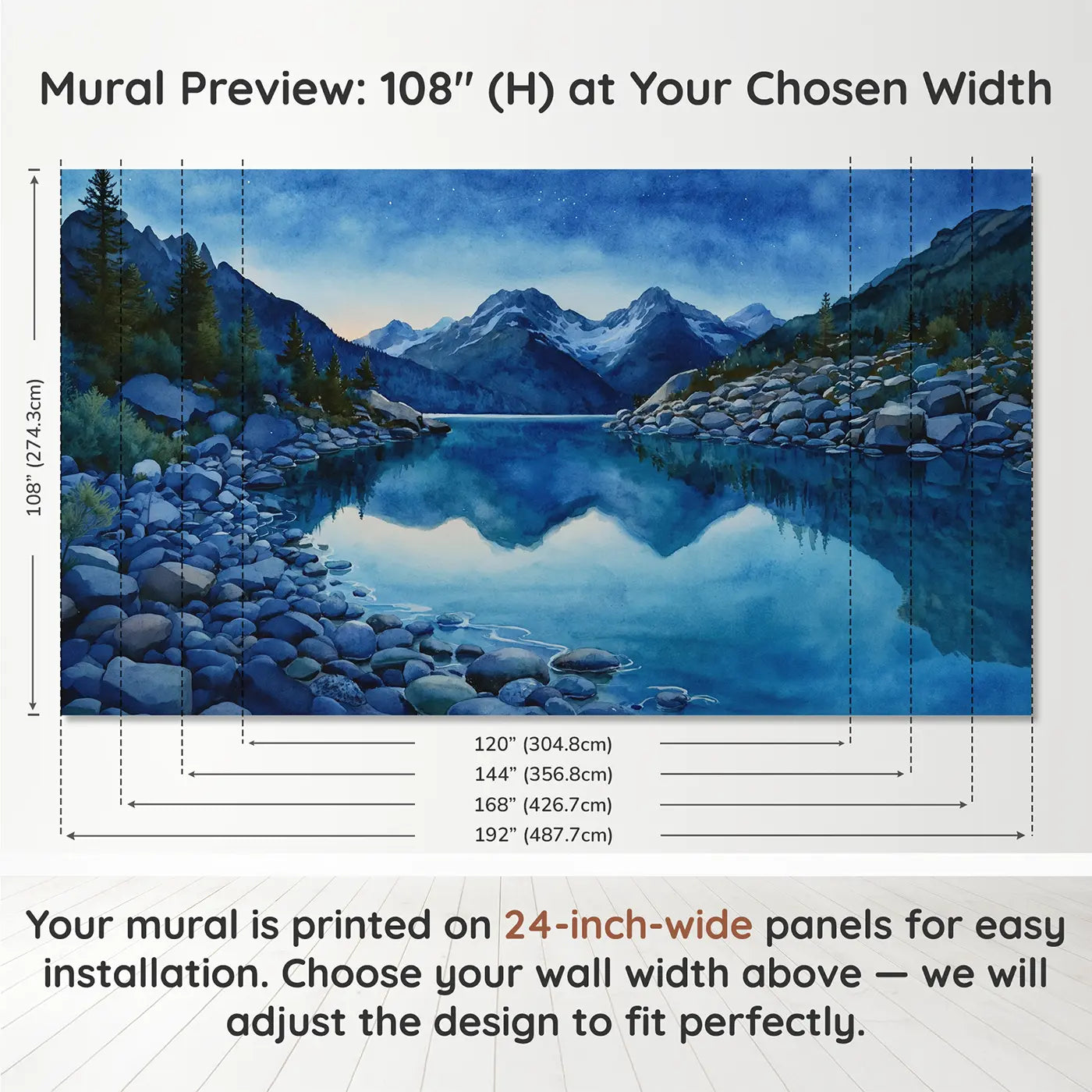 Panel layout and dimensions for Glacial Shore Mountain Wallpaper Mural by Whimsy Tots