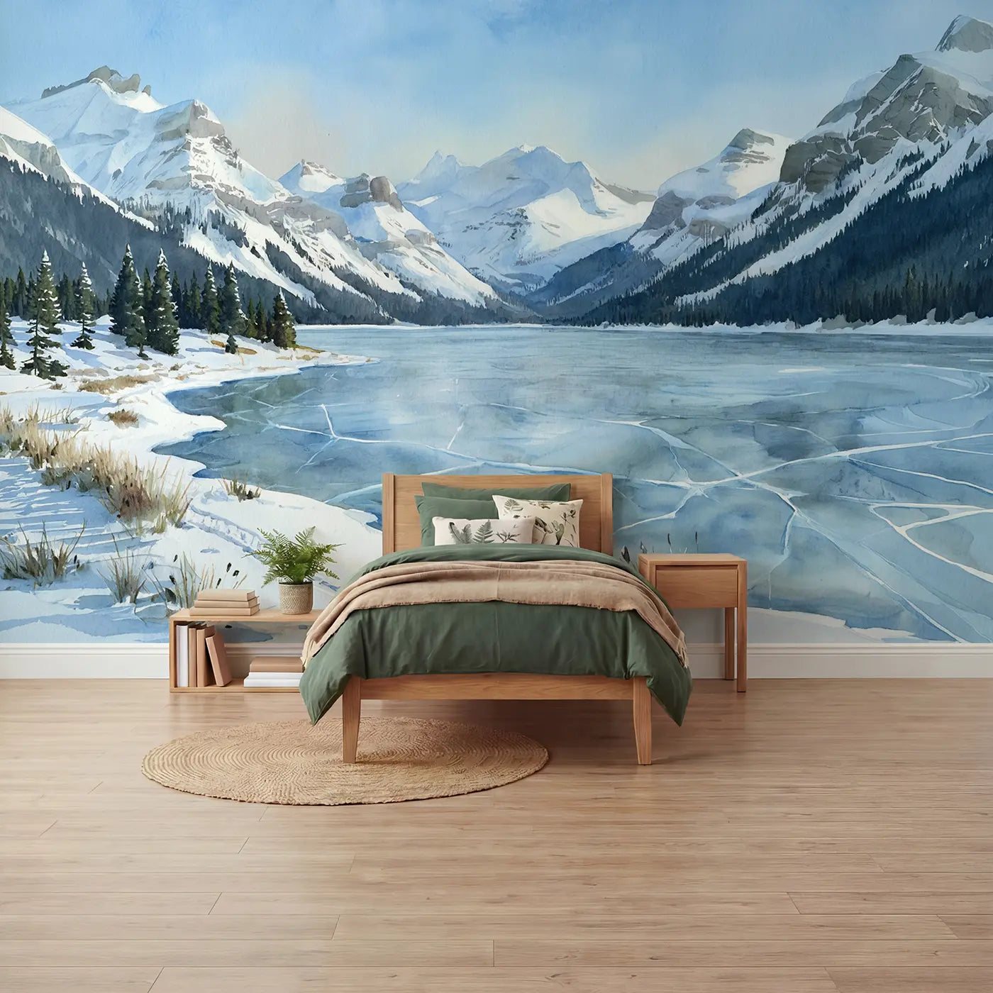 Watercolor frozen highland lake winter wallpaper mural for boys room by Whimsy Tots
