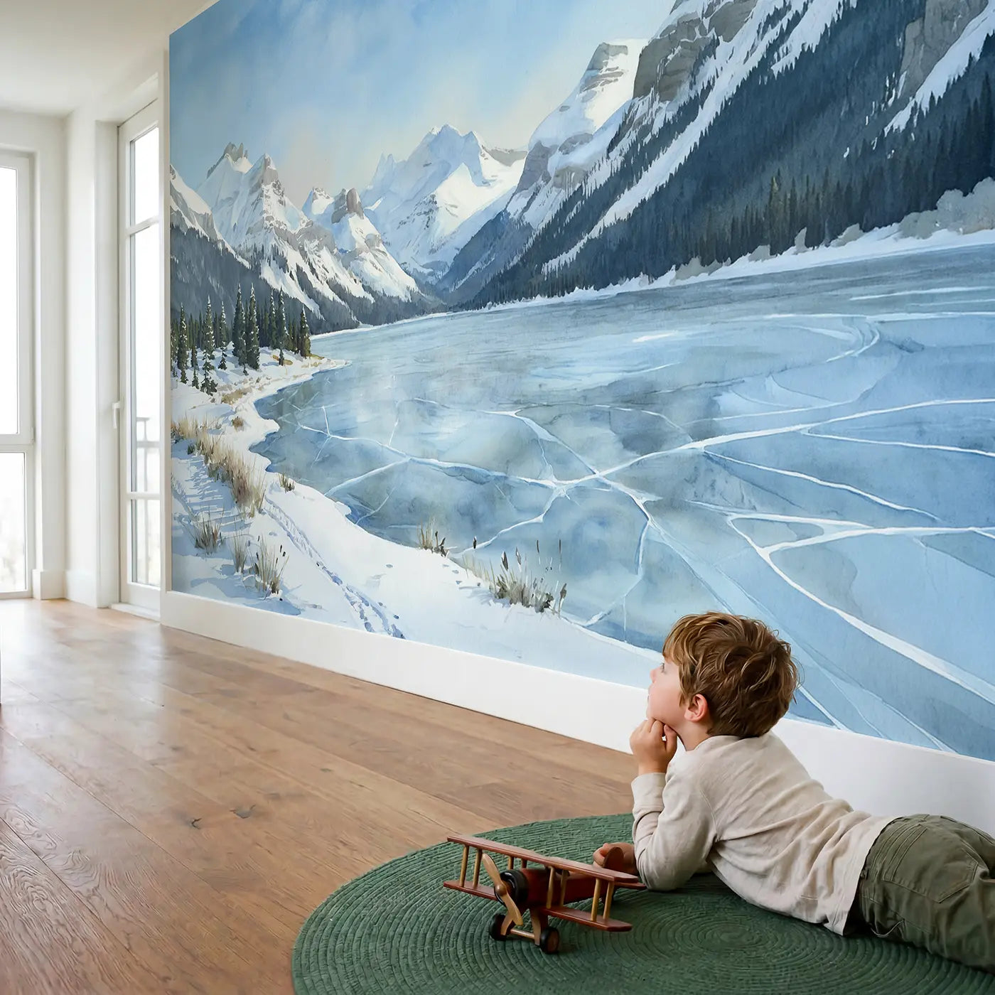 Child in nursery with Frozen Highland Lake Winter Wallpaper Mural by Whimsy Tots