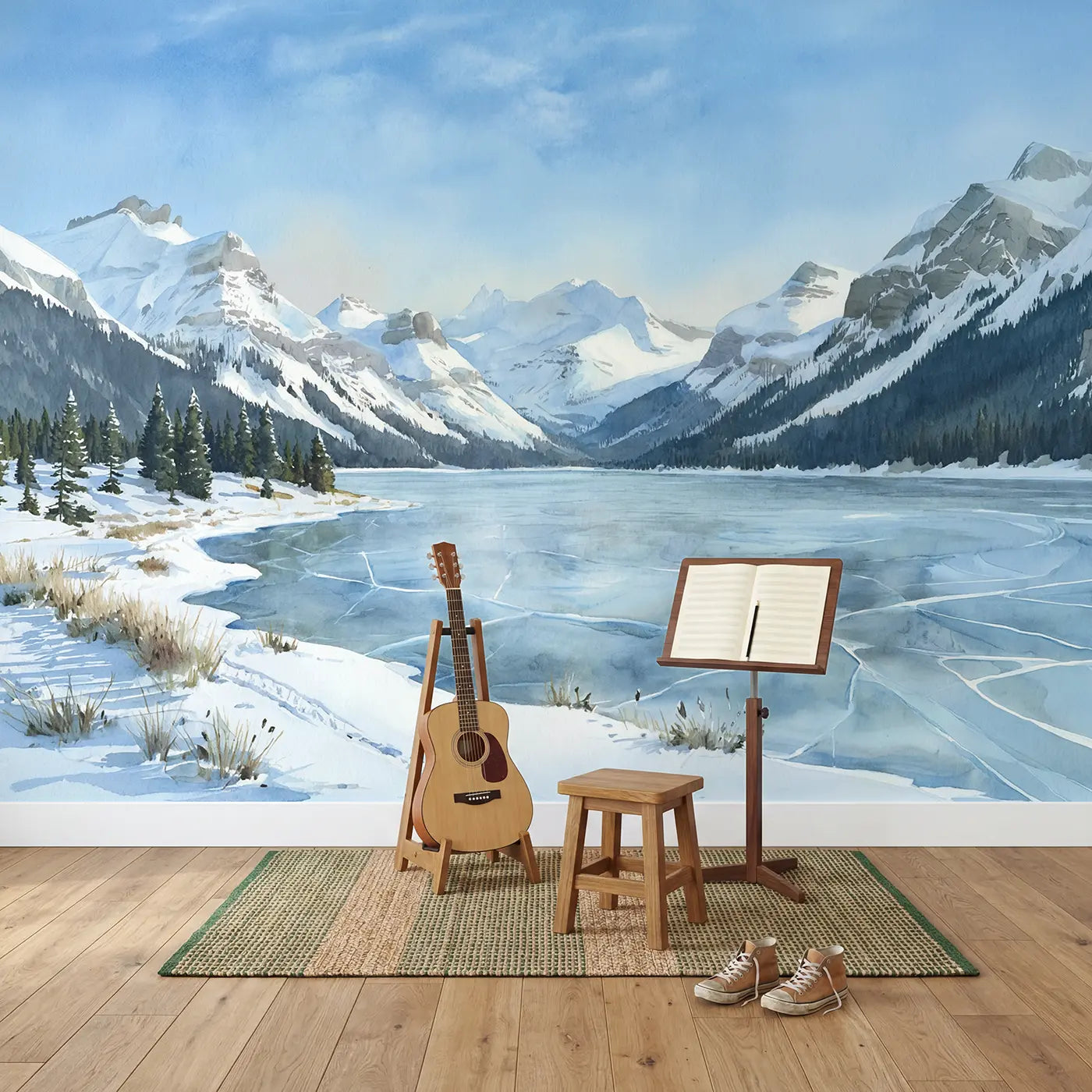 Frozen Highland Lake Winter Wallpaper Mural in playroom setting by Whimsy Tots