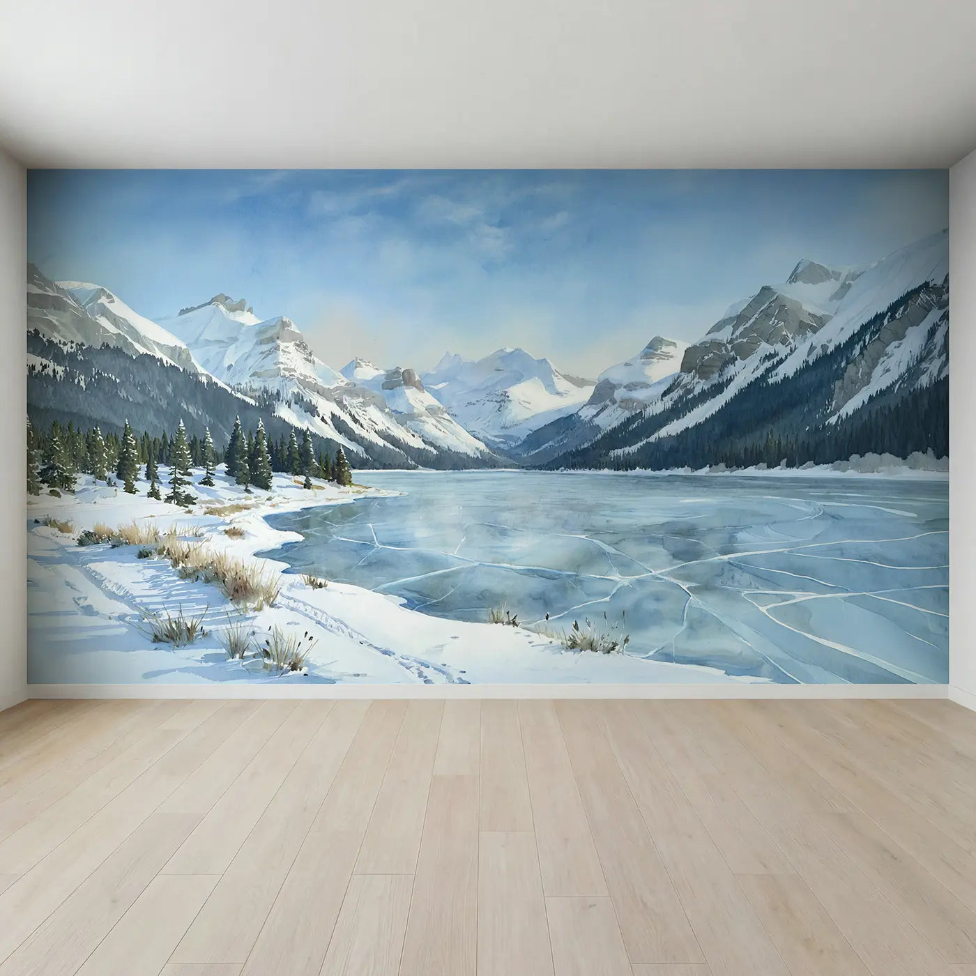 Full view of Frozen Highland Lake Winter Wallpaper Mural by Whimsy Tots