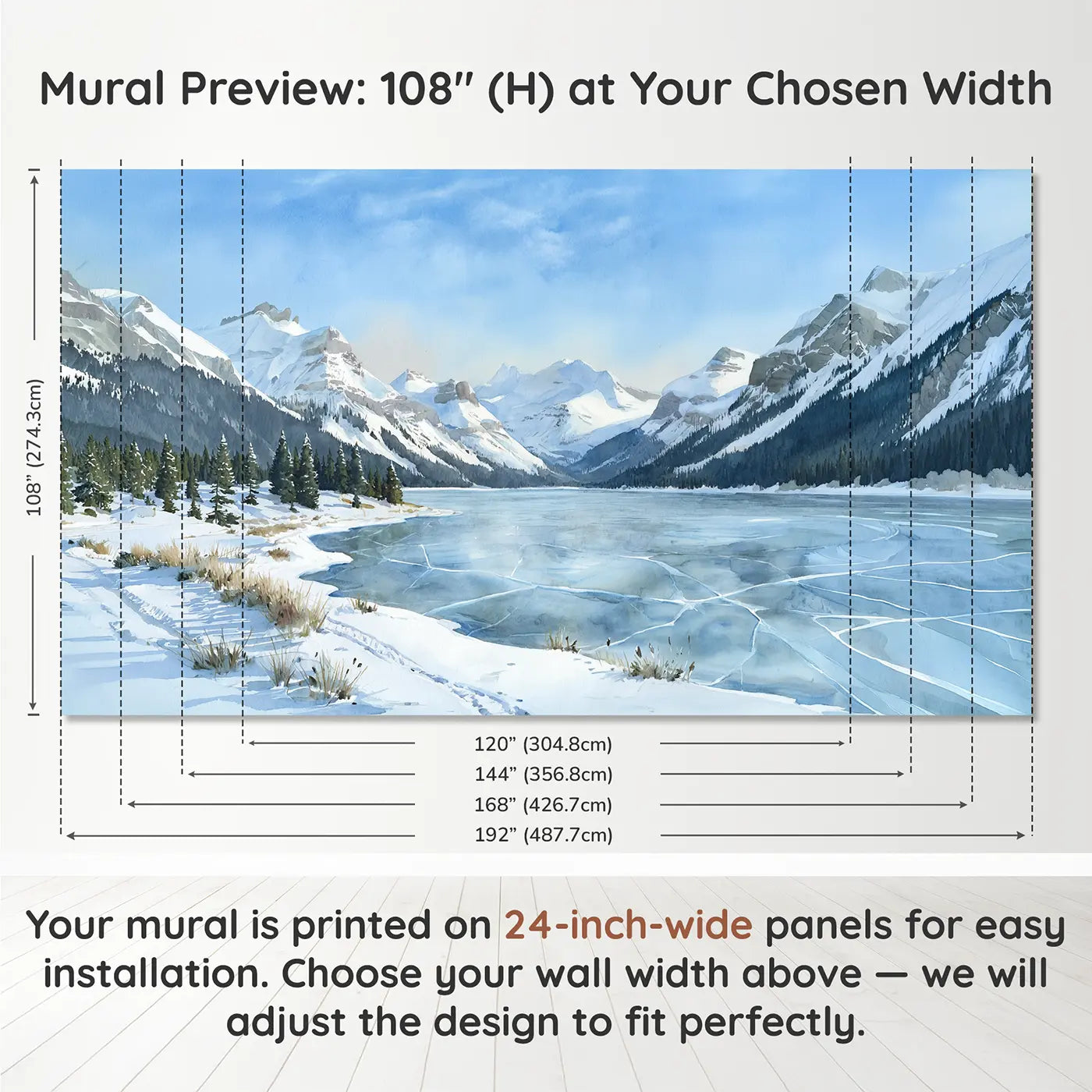 Panel layout and dimensions for Frozen Highland Lake Winter Wallpaper Mural by Whimsy Tots