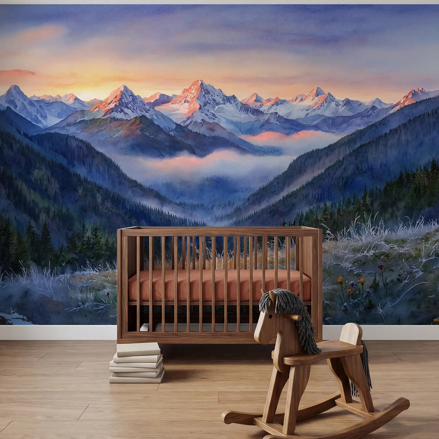 watercolor mountain sunrise alpenglow dawn mural for nursery by Whimsy Tots