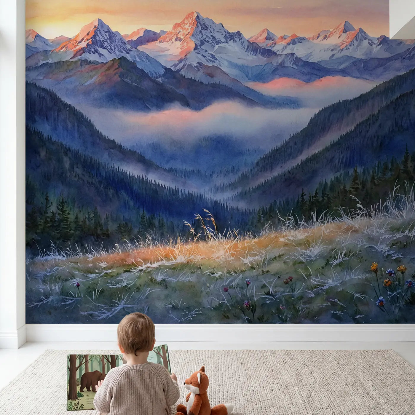 Child in nursery with Mountain Sunrise Alpenglow Dawn Wallpaper Mural by Whimsy Tots