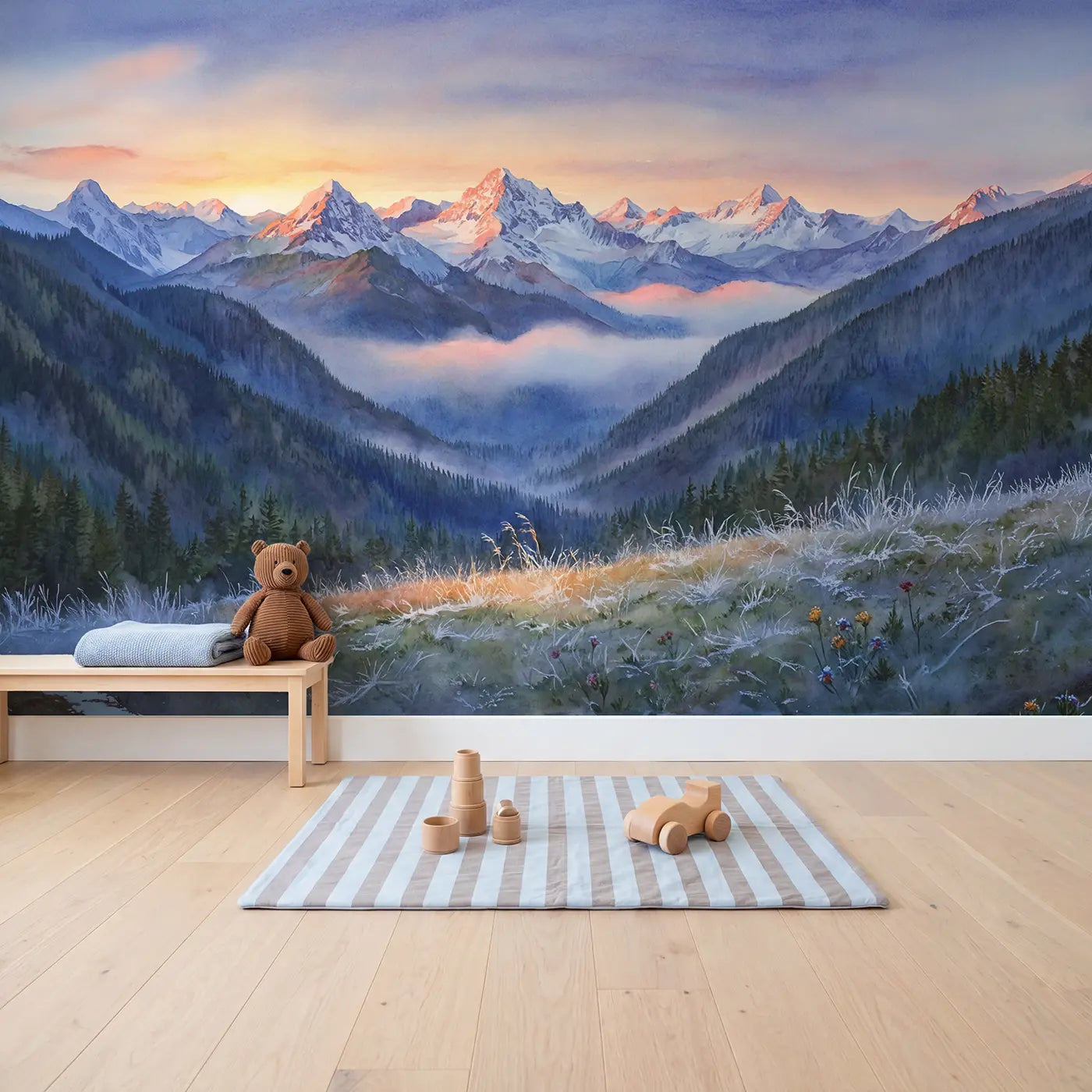 Mountain Sunrise Alpenglow Dawn Wallpaper Mural in playroom setting by Whimsy Tots